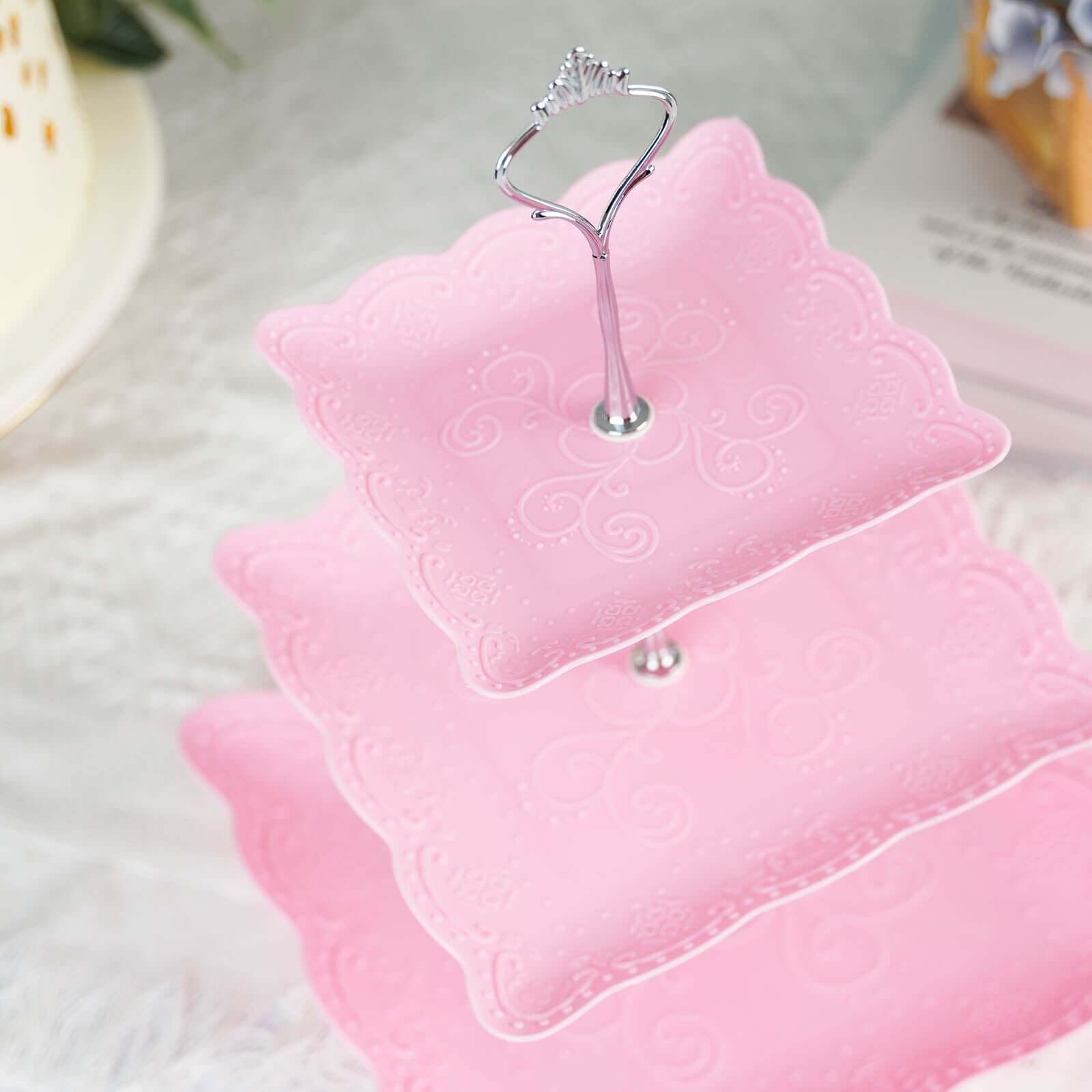 3-Tier Plastic Square Cupcake Stand Tower Pink - Charming Easy to Assemble Dessert Display Serving Tray Platter with Floral Embossed Scalloped Rim & Silver Handle for Tea Parties Weddings & Special Oc