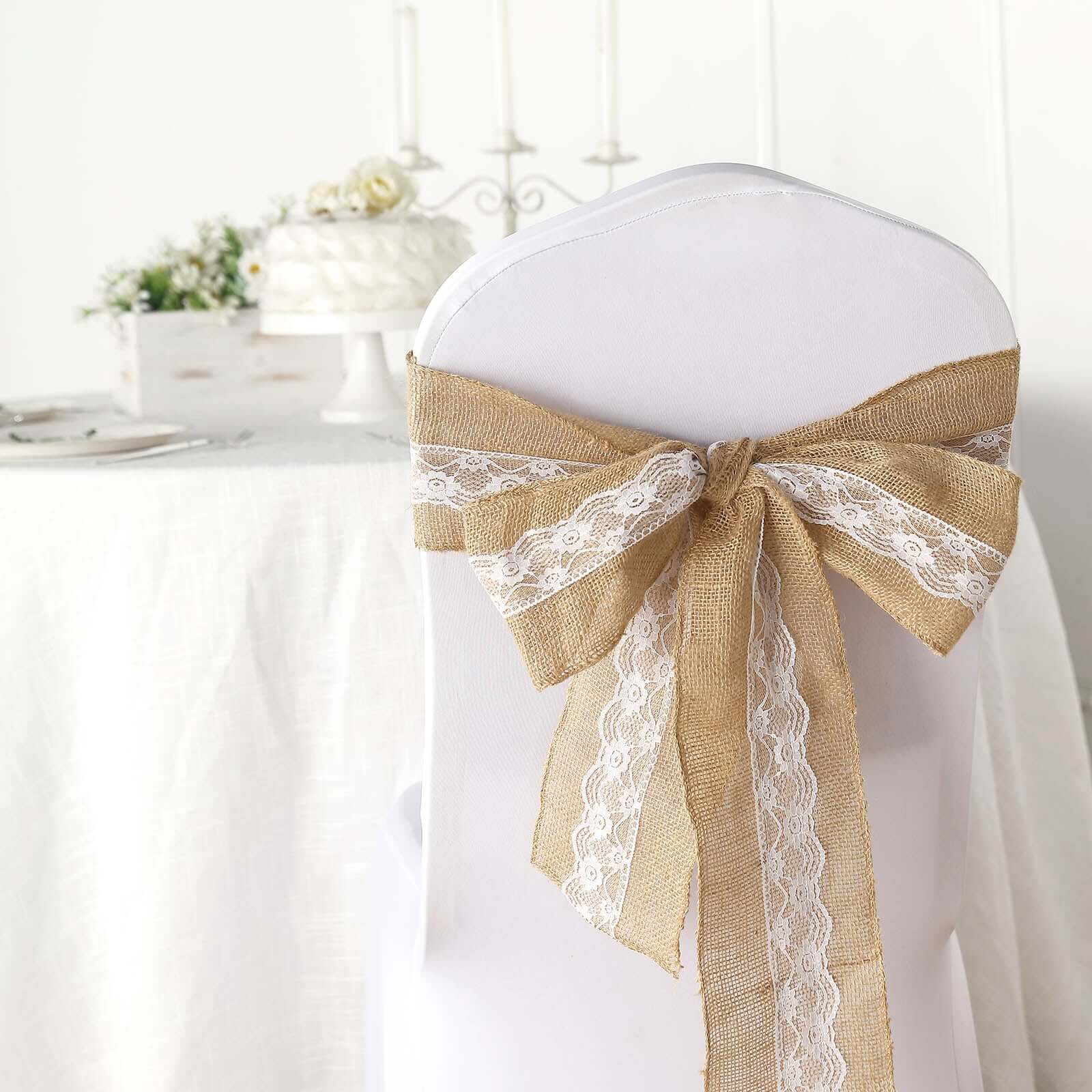 Natural Burlap Chair Sash 5x108 with Lace Hessian Jute - Rustic Bow Design for Weddings & Gatherings