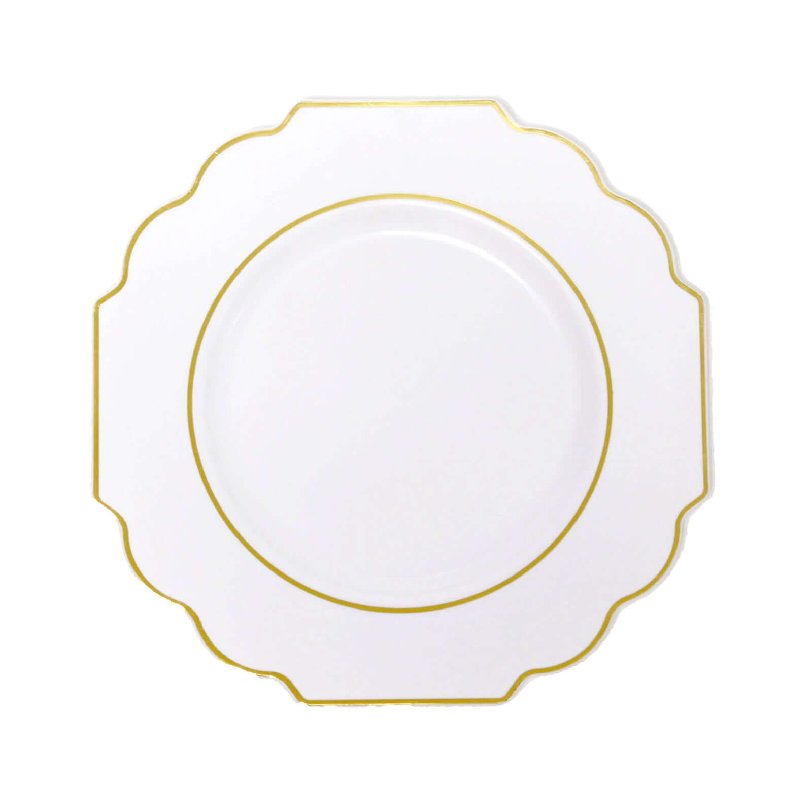 10-Pack Plastic Dessert Appetizer Plates in White Baroque Design with Scalloped Gold Rim - Heavy Duty Disposable Salad Plates for Formal Events & Banquets 8