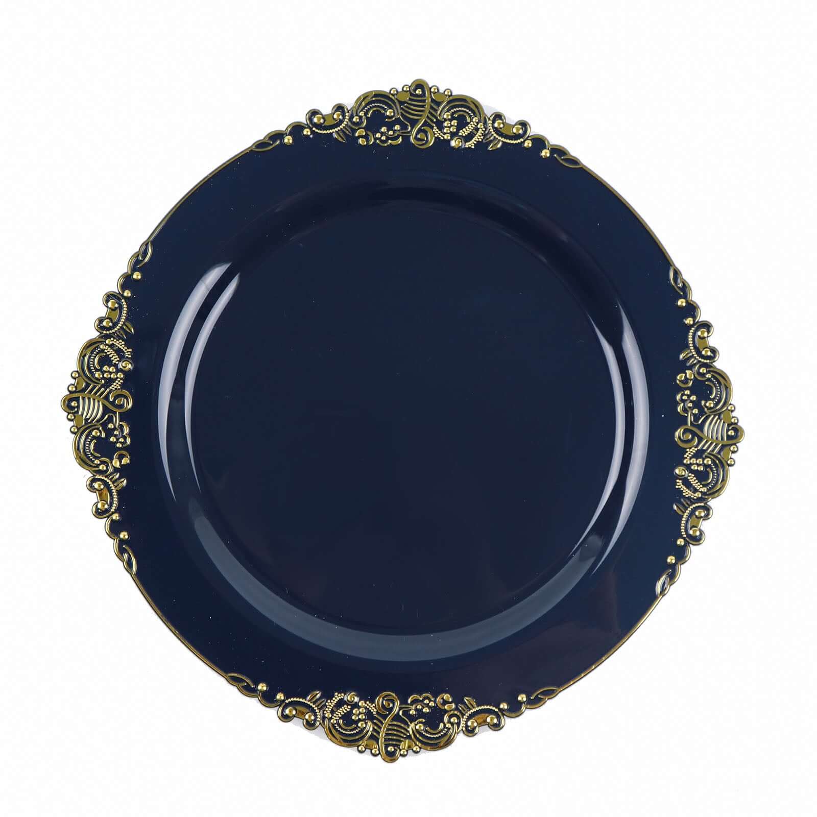 10-Pack Plastic 10 Round Dinner Plates in Navy Blue with Gold Leaf Embossed Rim - Disposable Vintage Baroque Style Plates