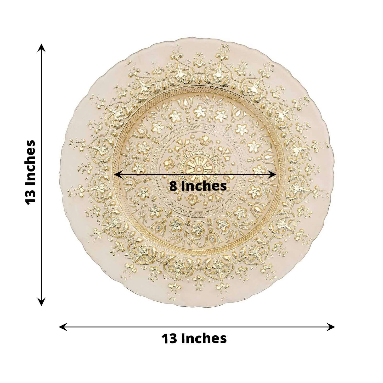 8-Pack Glass Round Charger Plates 13 in Gold with Monaco Style Ornate Design, Classy Decorative Dinner Chargers