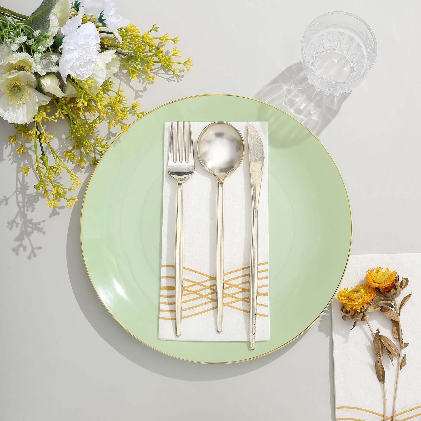 10-Pack Plastic 10 Round Dinner Plates in Sage Green with Gold Rim - Glossy Disposable Party Plates