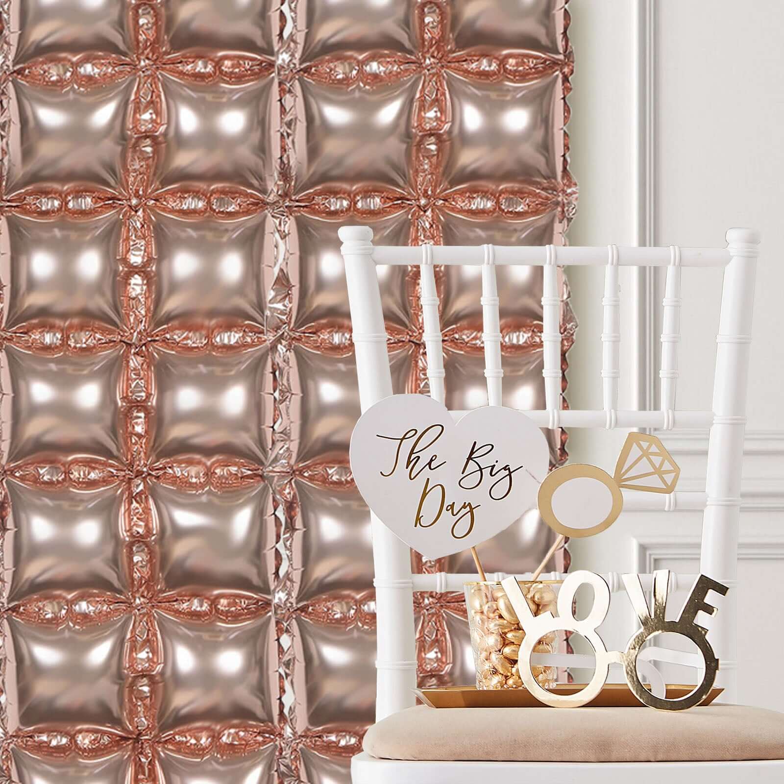 10 Pack Metallic Rose Gold Double Row Mylar Foil Balloon Wall, Square Diamond Design Balloon Backdrop - 43x11