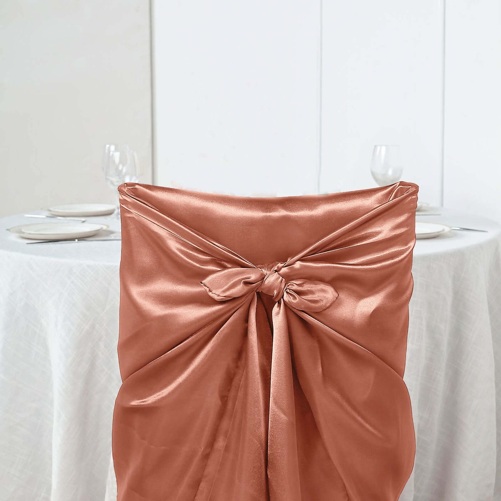 Satin Chair Cover Self-Tie Universal Design Terracotta (Rust) - Durable Slip-On Cover for Folding, Dining, Banquet & Standard Chairs