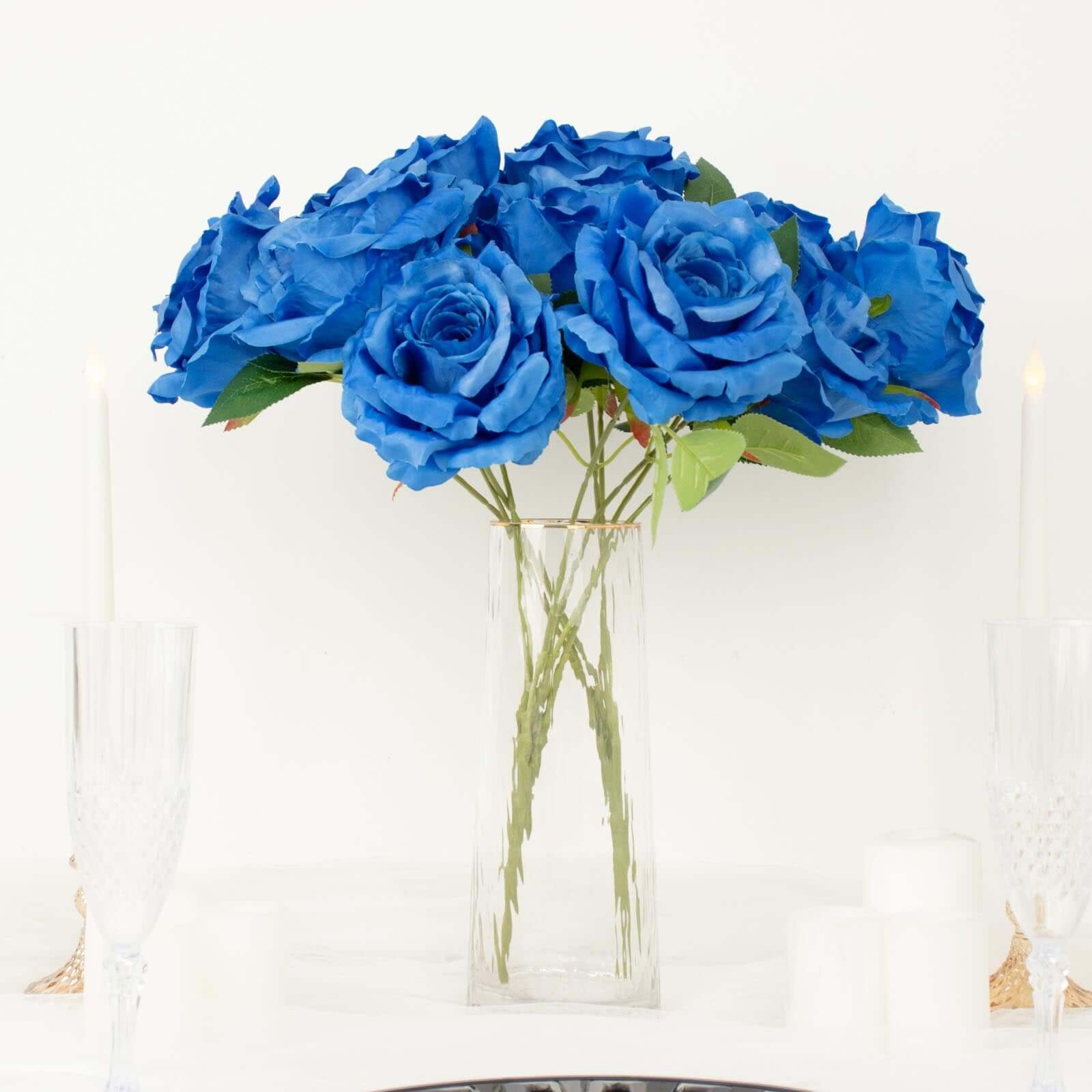 2 Bushes 17 Royal Blue Premium Silk Jumbo Rose Flower Bouquet, High Quality Artificial Wedding Floral Arrangements