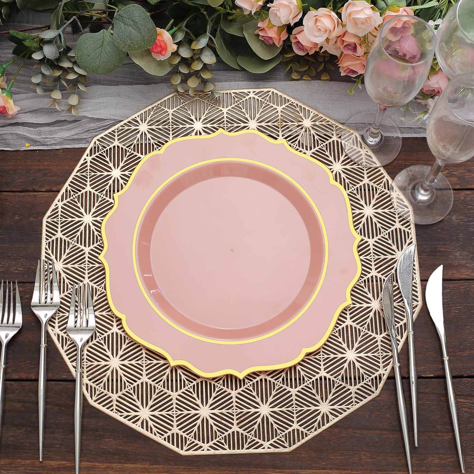 10-Pack Plastic 10 Round Dinner Plates in Dusty Rose with Gold Scalloped Rim - Disposable Party Plates