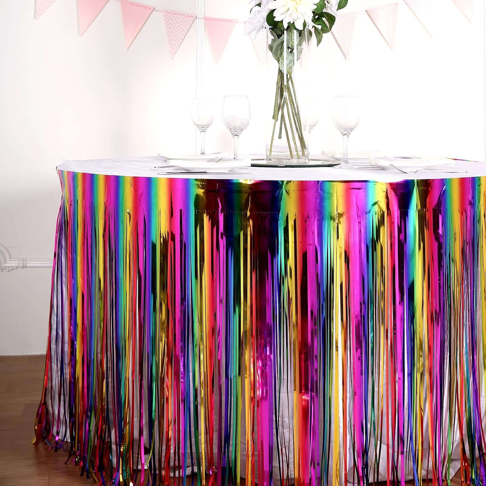 Metallic Foil Fringe Table Skirt Rainbow with Self Adhesive Backing - Durable Tinsel Skirt for Parties 30x9ft