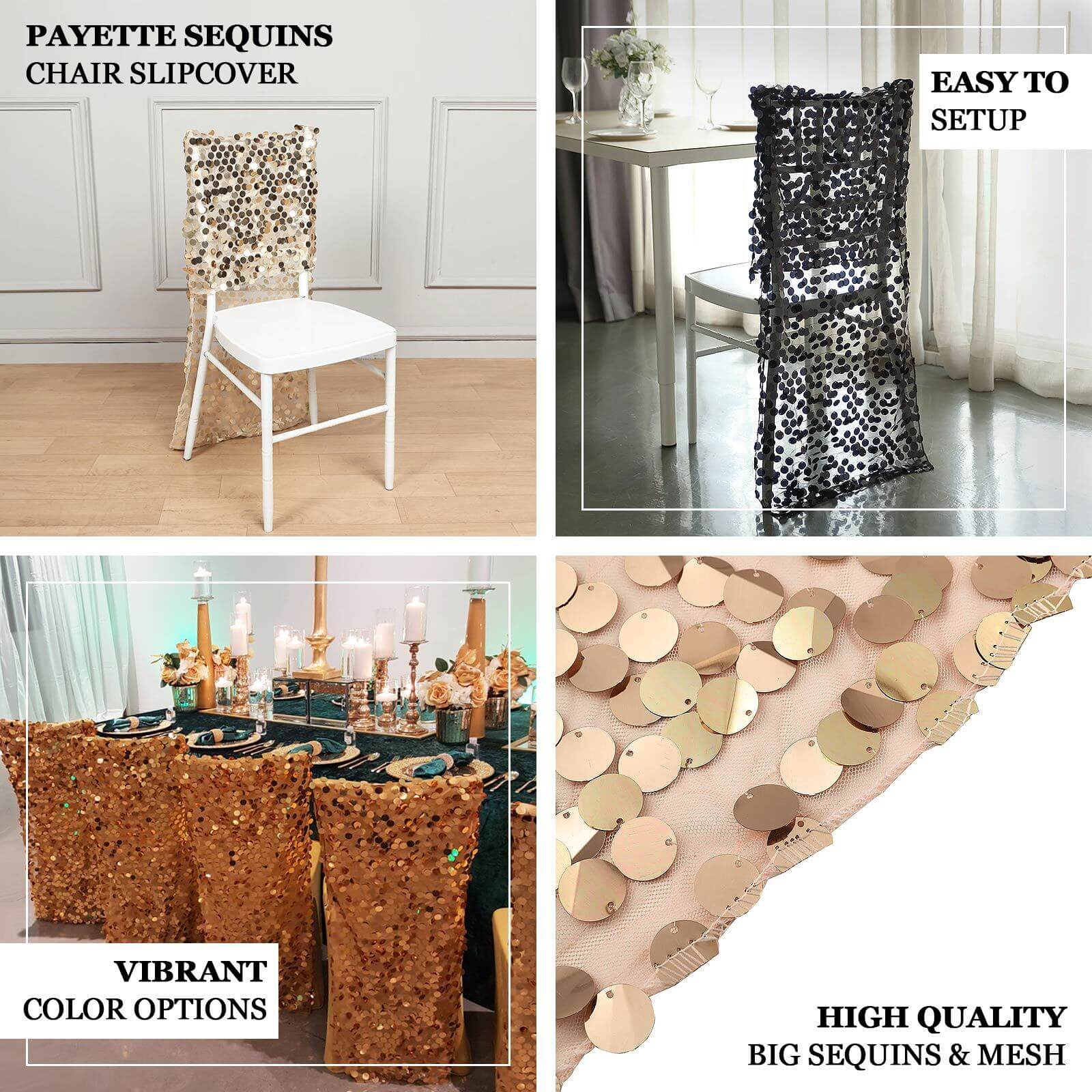 Sequin Chair Slipcover Big Payette Design for Chiavari Chairs Matte Champagne - Glittering Chair Back Cover