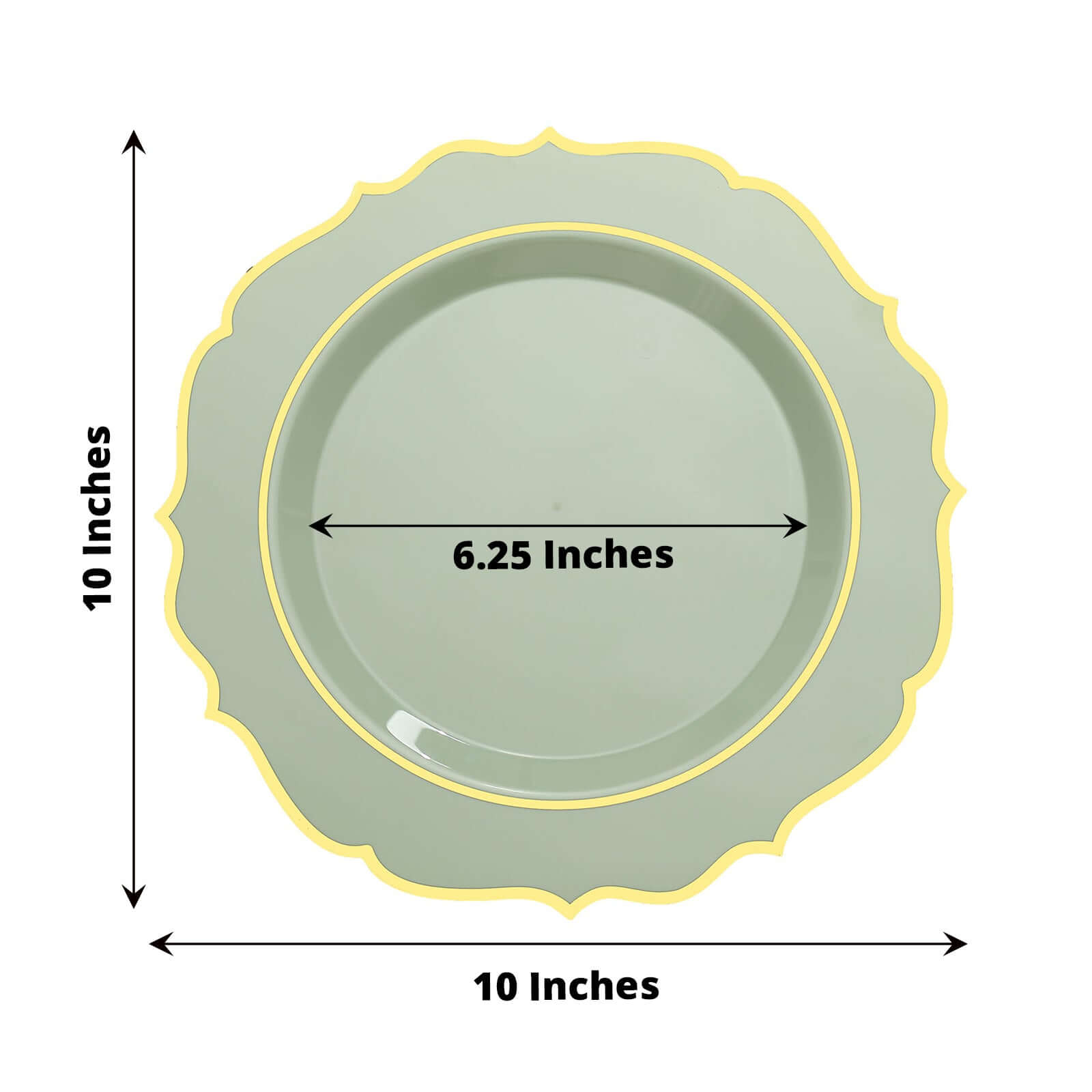 10-Pack Plastic 10 Round Dinner Plates in Sage Green with Gold Scalloped Rim - Disposable Party Plates