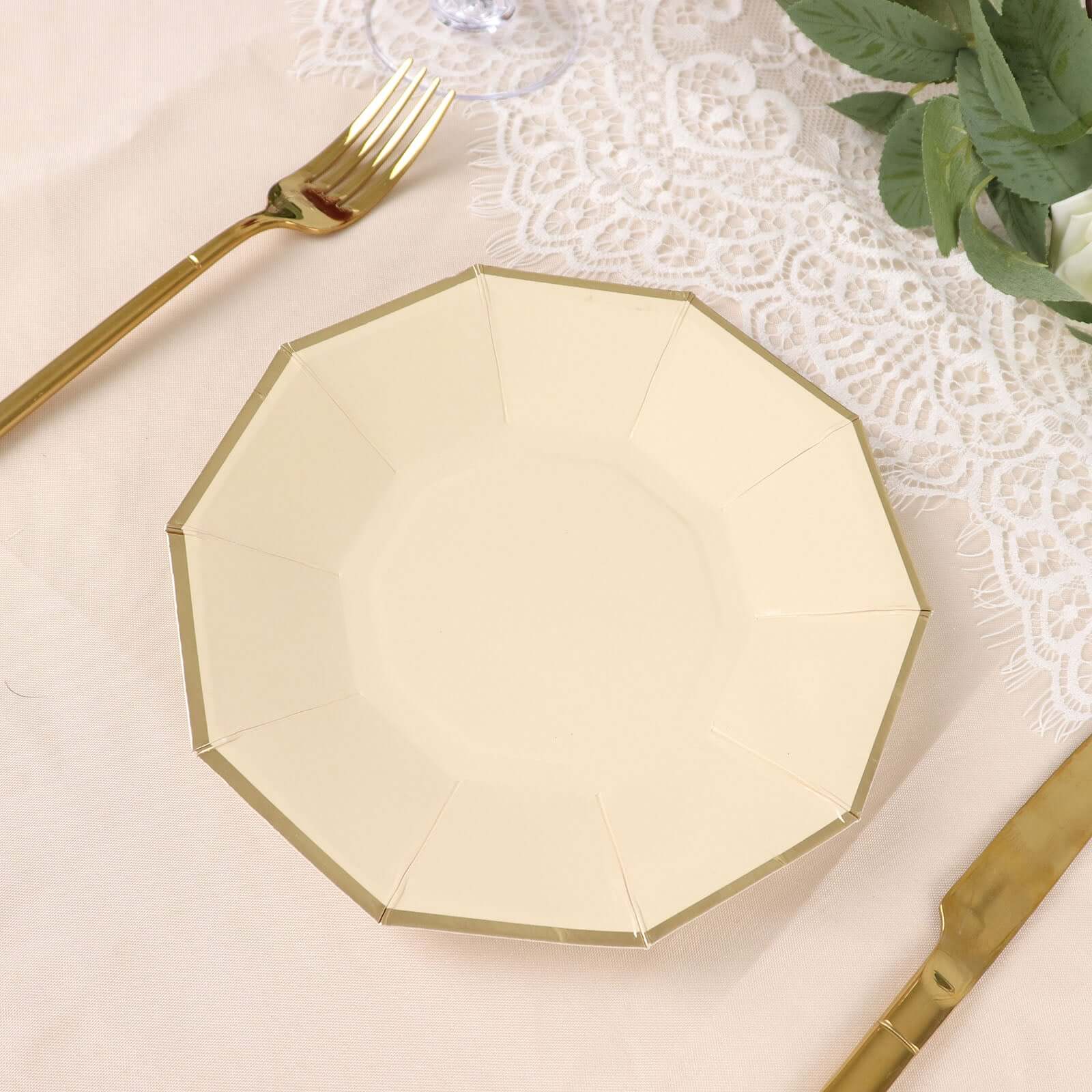 25-Pack Paper 7 Decagon Appetizer Plates in Beige with Gold Foil Rim - Stylish Geometric Dessert/Salad Plates for Cocktail Parties & Receptions