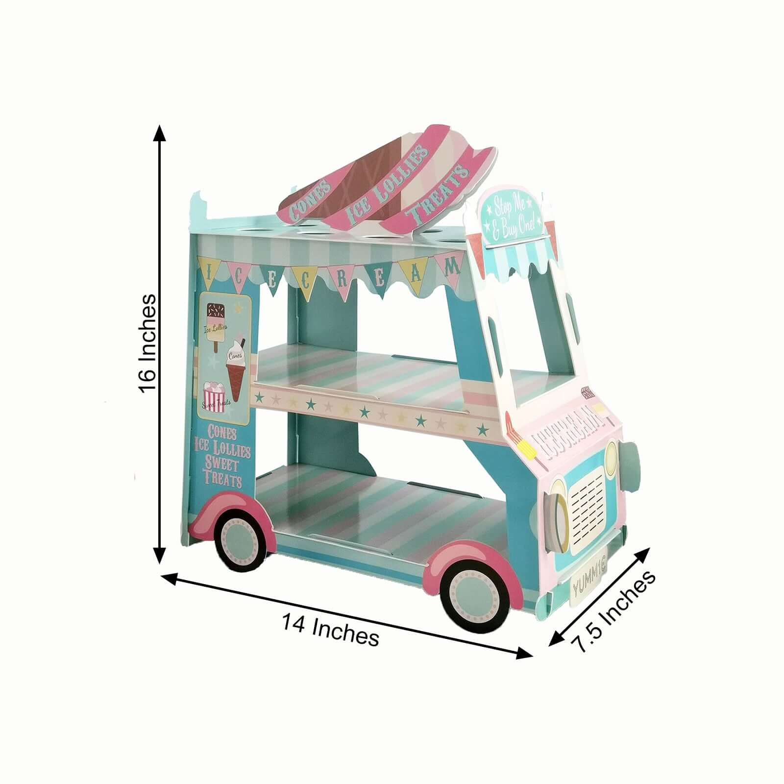 3-Tier Cardboard Cupcake Dessert Stand Tower with Ice Cream Truck Double Decker Design - Fun Disposable Treat Display for Kids' Parties & Snack Stations 16