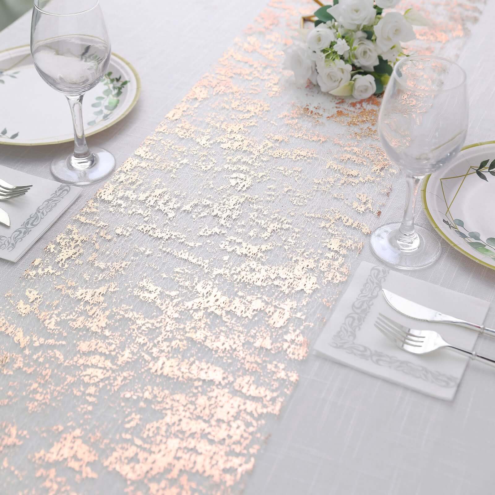 Mesh Polyester 108 Table Runner Roll Metallic Rose Gold - Distressed Foil Look Disposable Table Decor