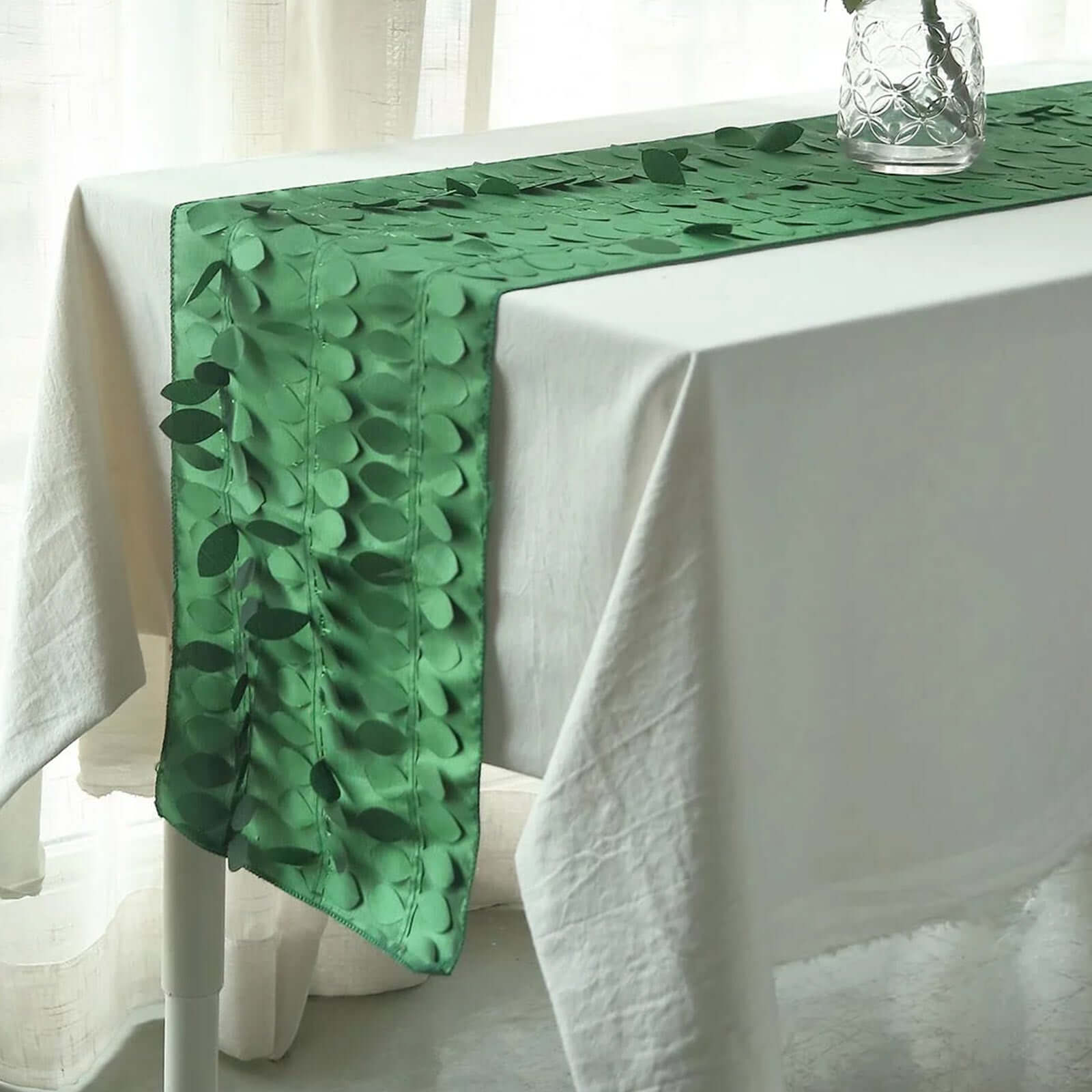 Taffeta Fabric 12x108 Table Runner Green - 3D Leaf Petal Design