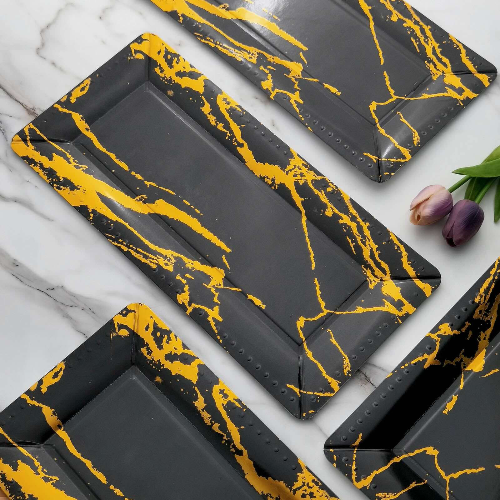 10-Pack Paper 16 Rectangle Serving Trays Black/Gold - Durable 1100GSM Disposable Food Platters with Modern Marble Design for Dessert Tables & Food Stations