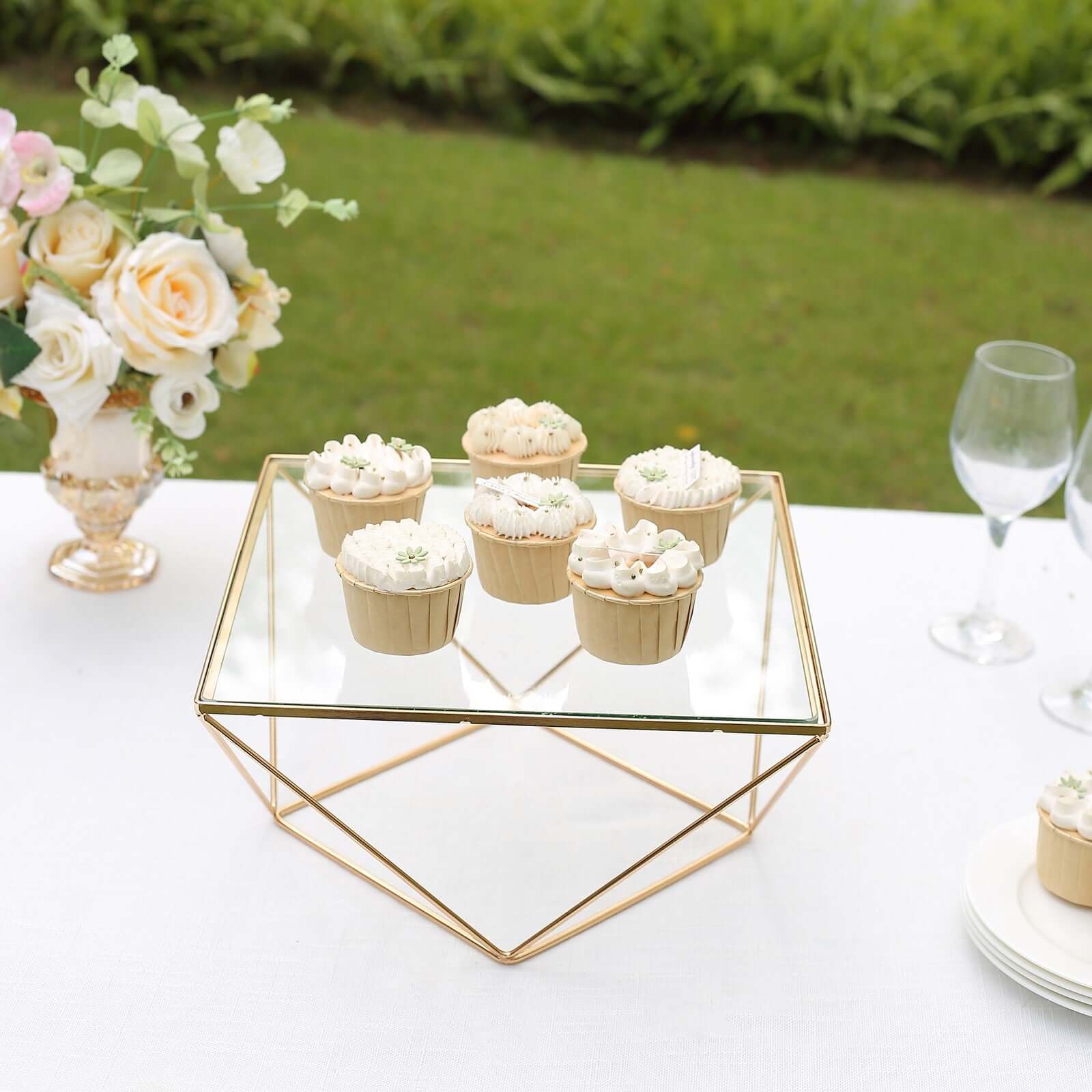 Metal Cake Stand Geometric Pedestal Riser Design Gold with Square Glass Top - Display Centerpiece 12