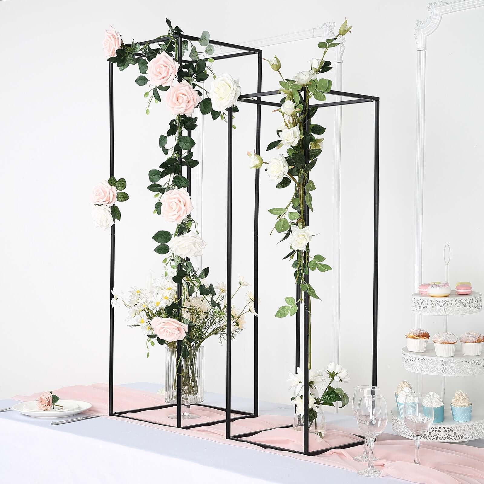 2-Pack Wedding Flower Stand Matte Black Metal Geometric Column Frame Rectangular - Versatile Floral Pedestal for Upscale Arrangements 48