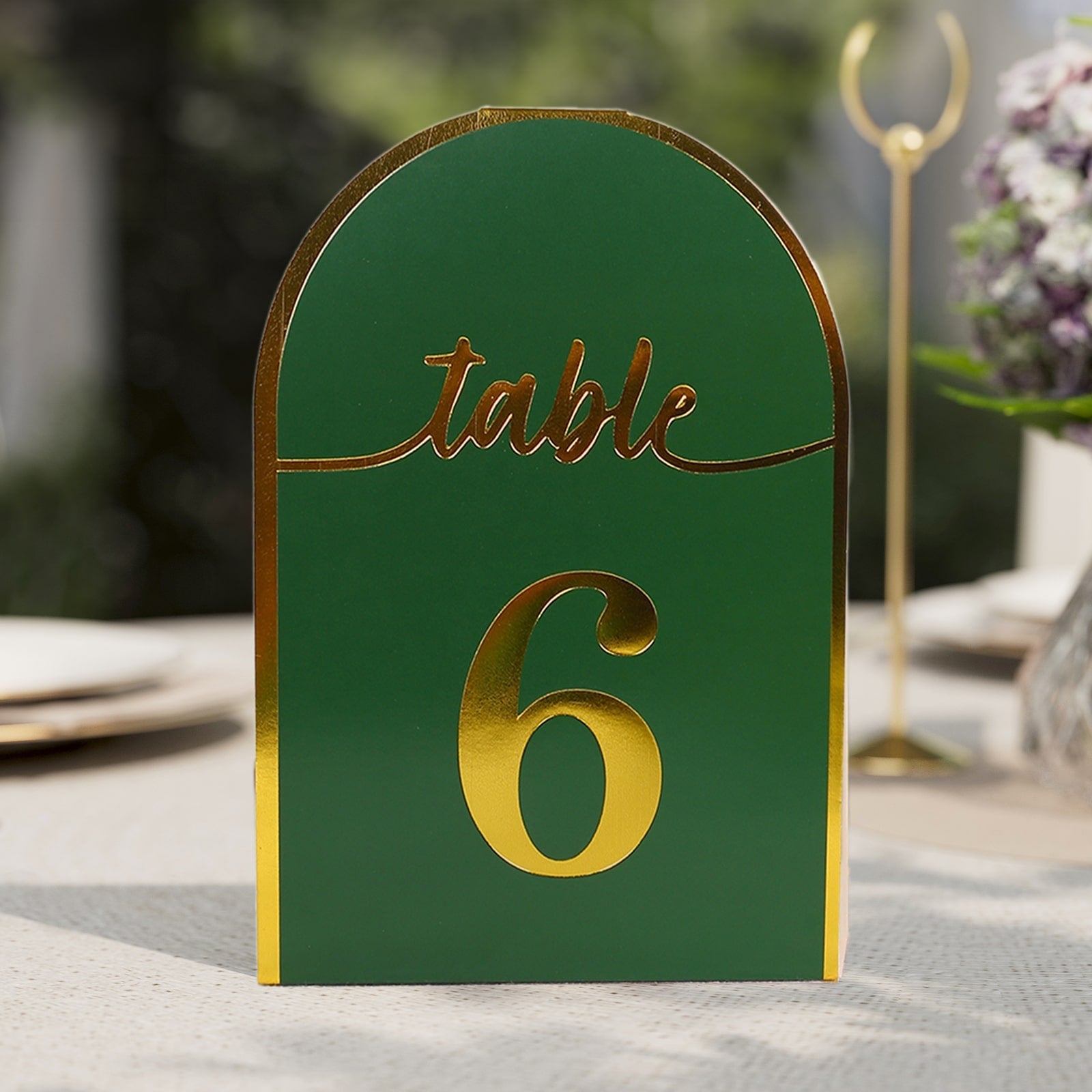 25-Pack Paper Wedding Table Numbers 1-25 Hunter Emerald Green Arch Cutout Design - Sleek & Modern Free Standing Double Sided Table Tent Cards with Metallic Gold Foil Numbers 7