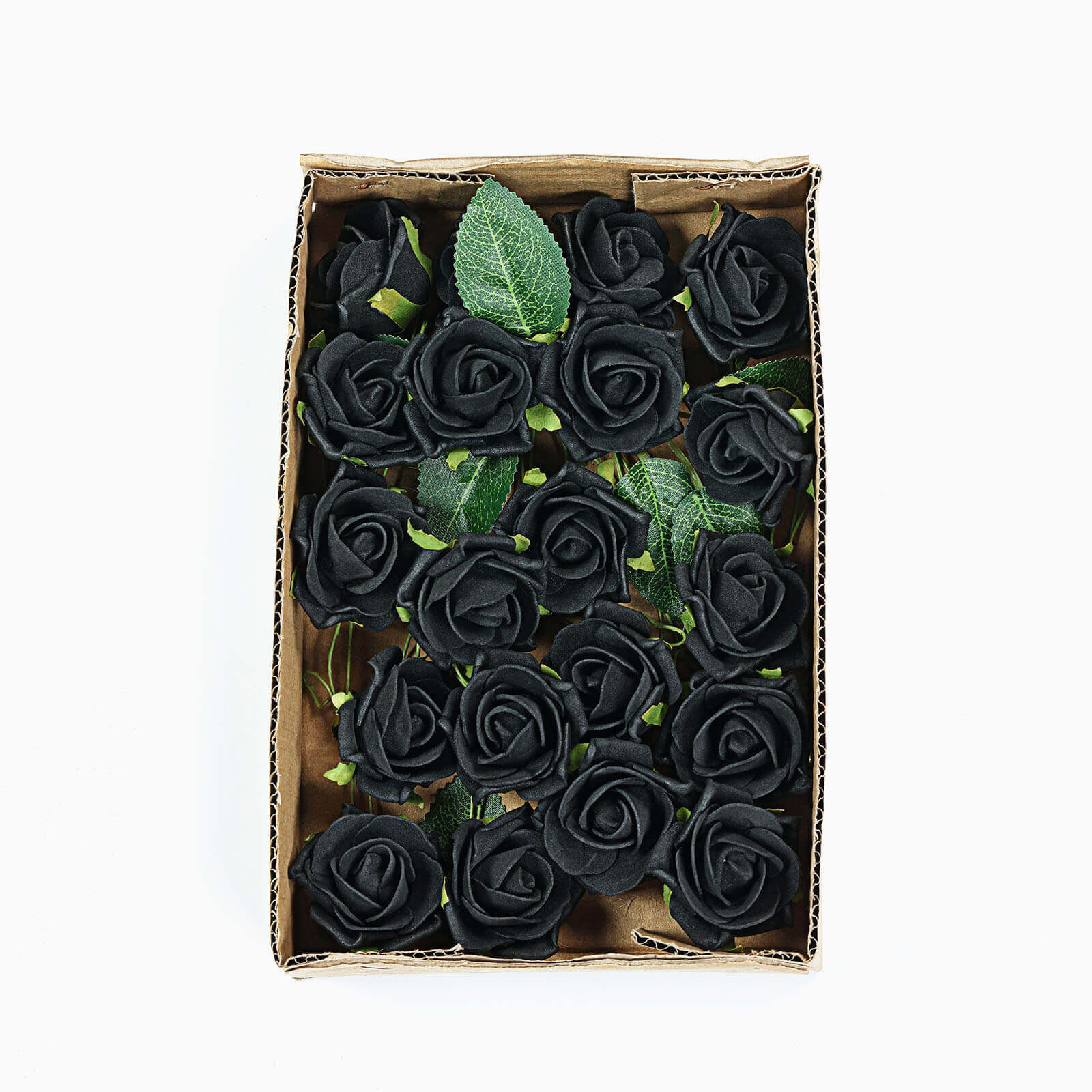 24 Roses 2 Black Artificial Foam Flowers With Stem Wire and Leaves