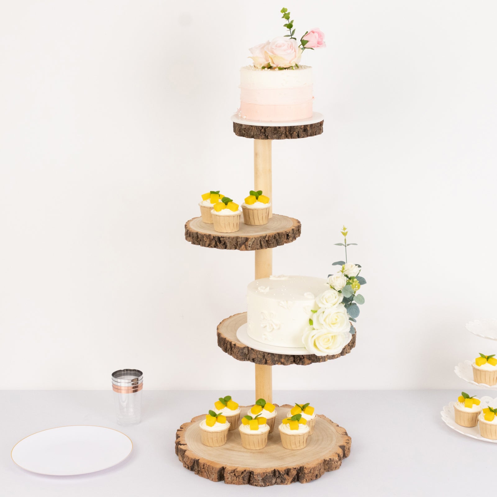 4-Tier Wooden Cupcake Tower Stand Rustic Natural Wood Slice Design - Farmhouse Style Dessert Display 29