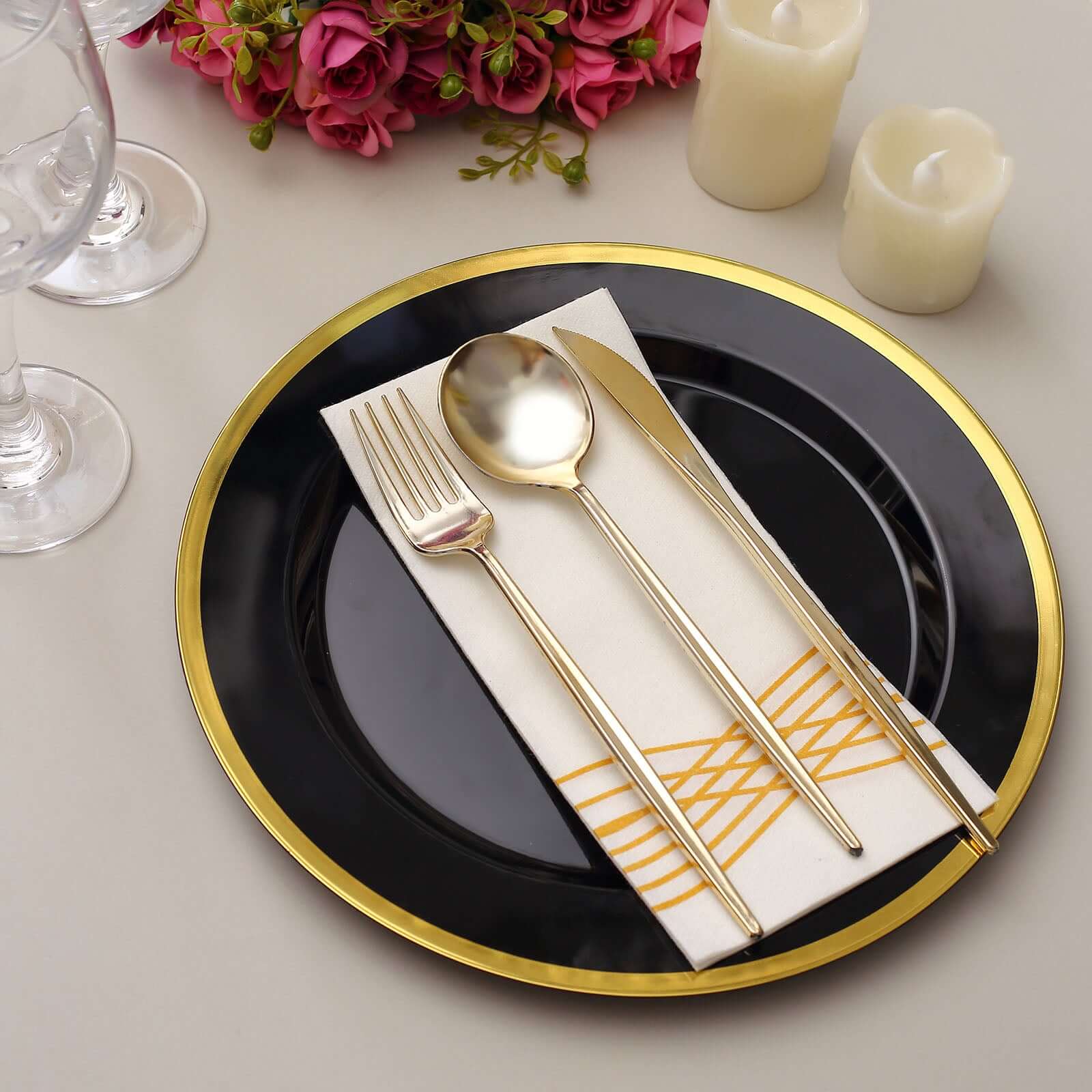 10-Pack Plastic 10 Round Dinner Plates in Black with Gold Rim - Disposable Party Plates for Classy Banquets & Special Occasions