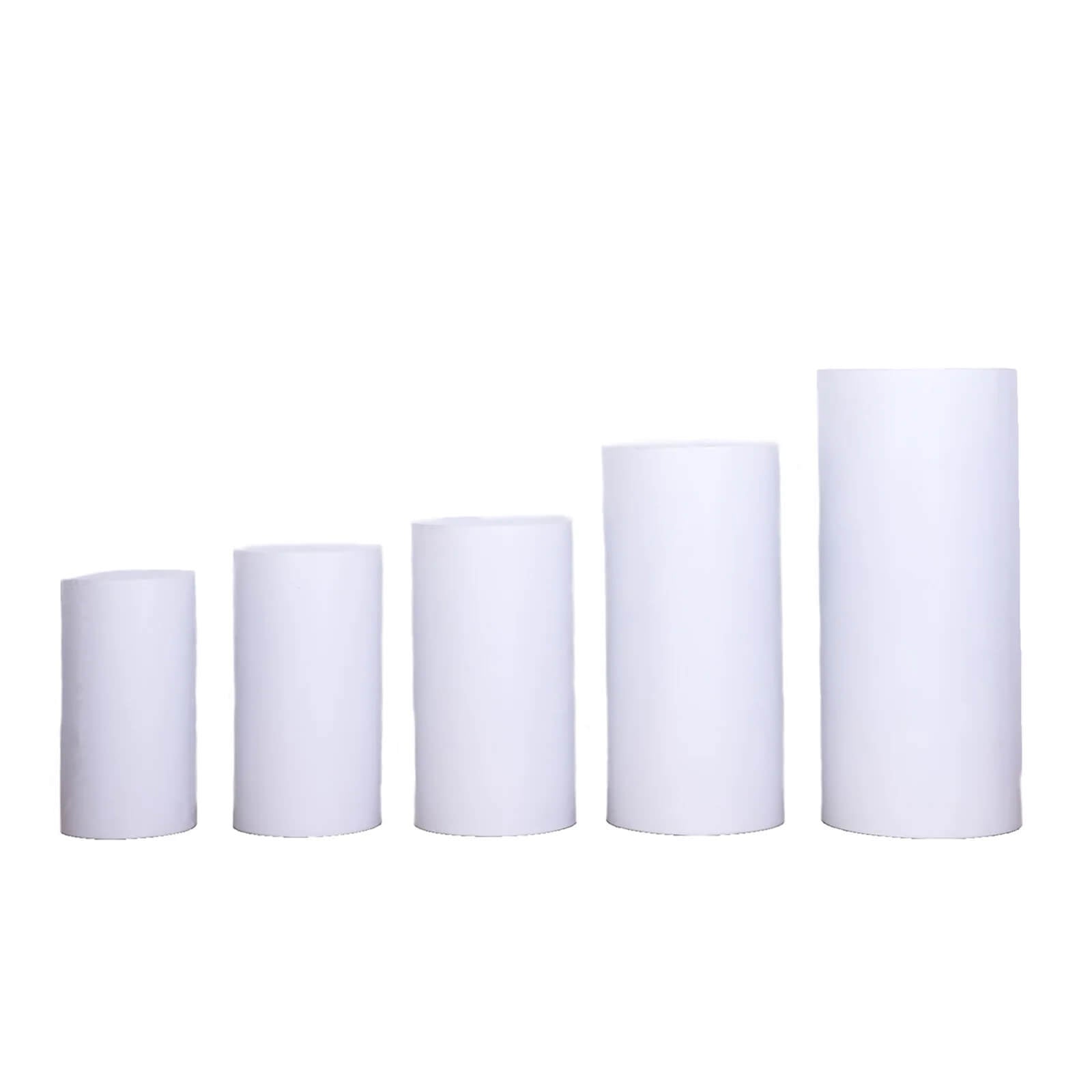 Set of 5 White Metal Cylinder Pillar Prop Stands For Wedding Aisle, Round Plinth Pedestal Display Boxes - 20, 22, 24, 30, 34