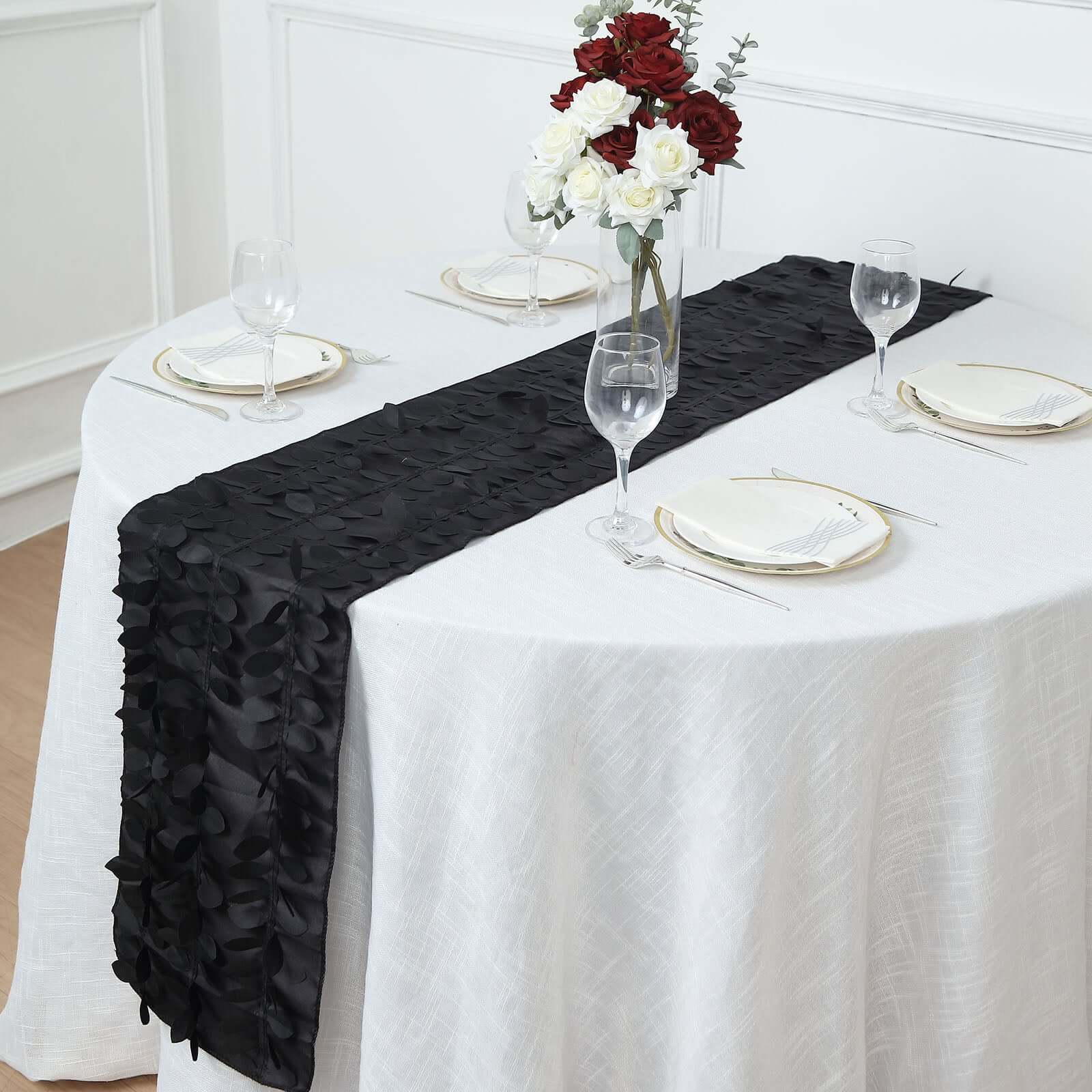 Taffeta Fabric 12x108 Table Runner Black - 3D Leaf Petal Design