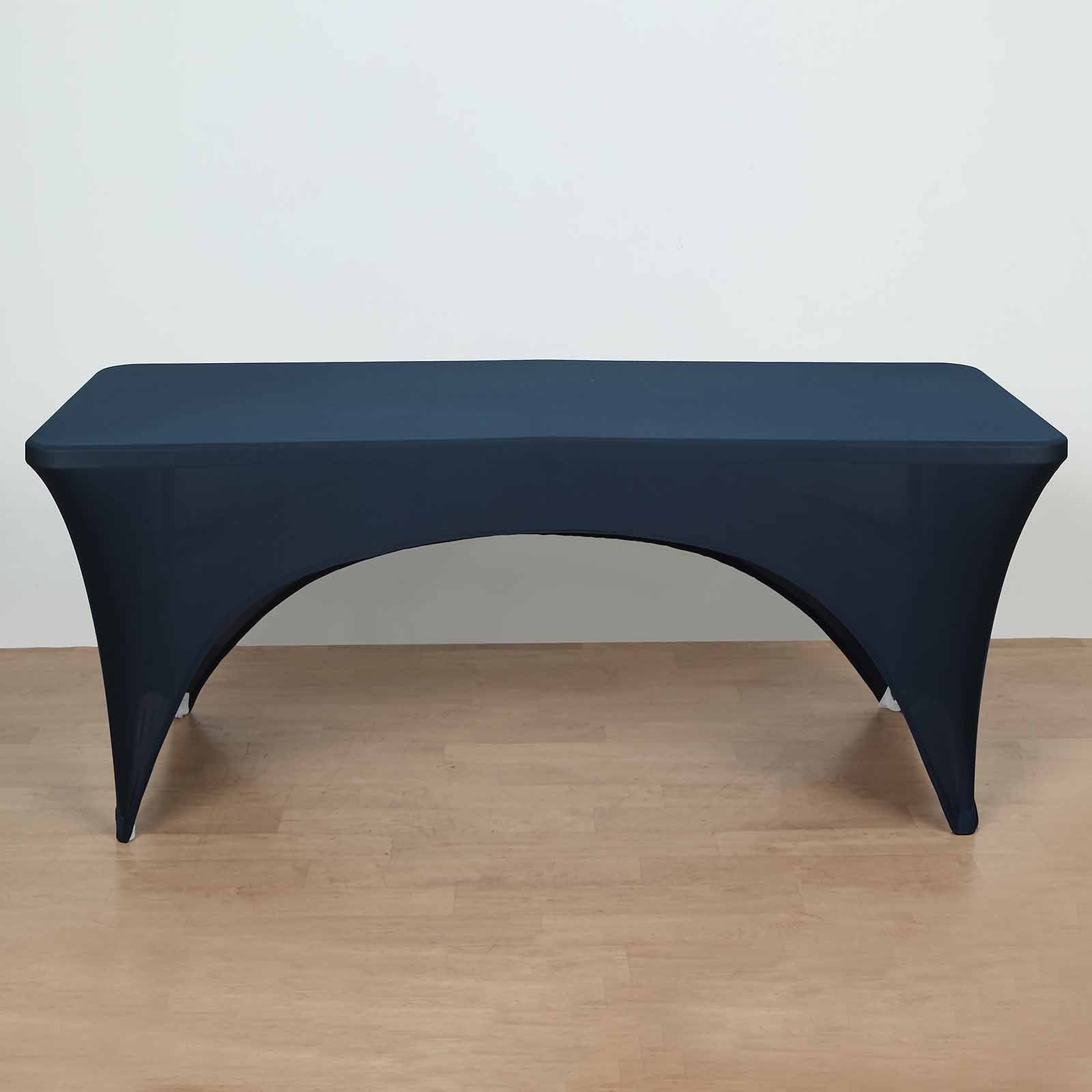 Stretch Spandex 72x30 Rectangular Table Cover Navy Blue with Curved Open Back Design Tailored Professional Look