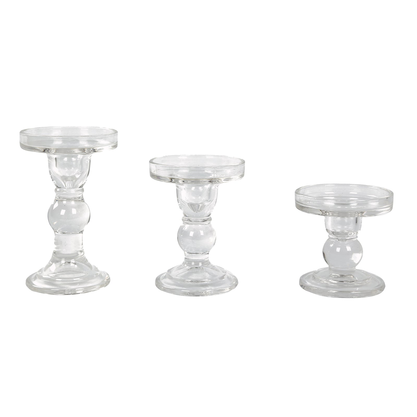 Set of 3 Glass Pillar Candle Holders Clear with Round Tray - Crystal Ball Stem Taper Candlestick Tea Light Stands 3.5, 4.5, 5.5