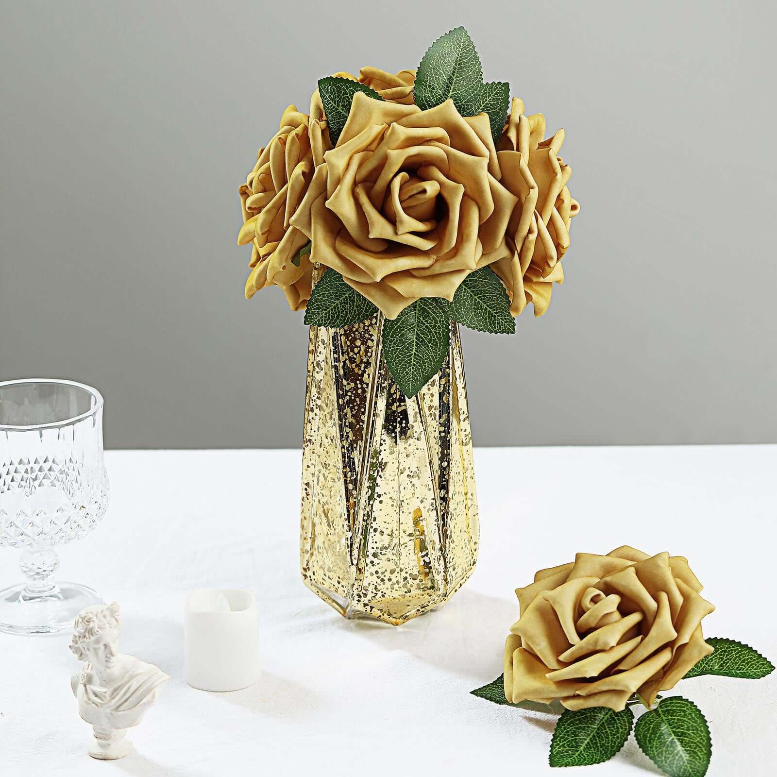 24 Roses 5 Gold Artificial Foam Flowers With Stem Wire and Leaves