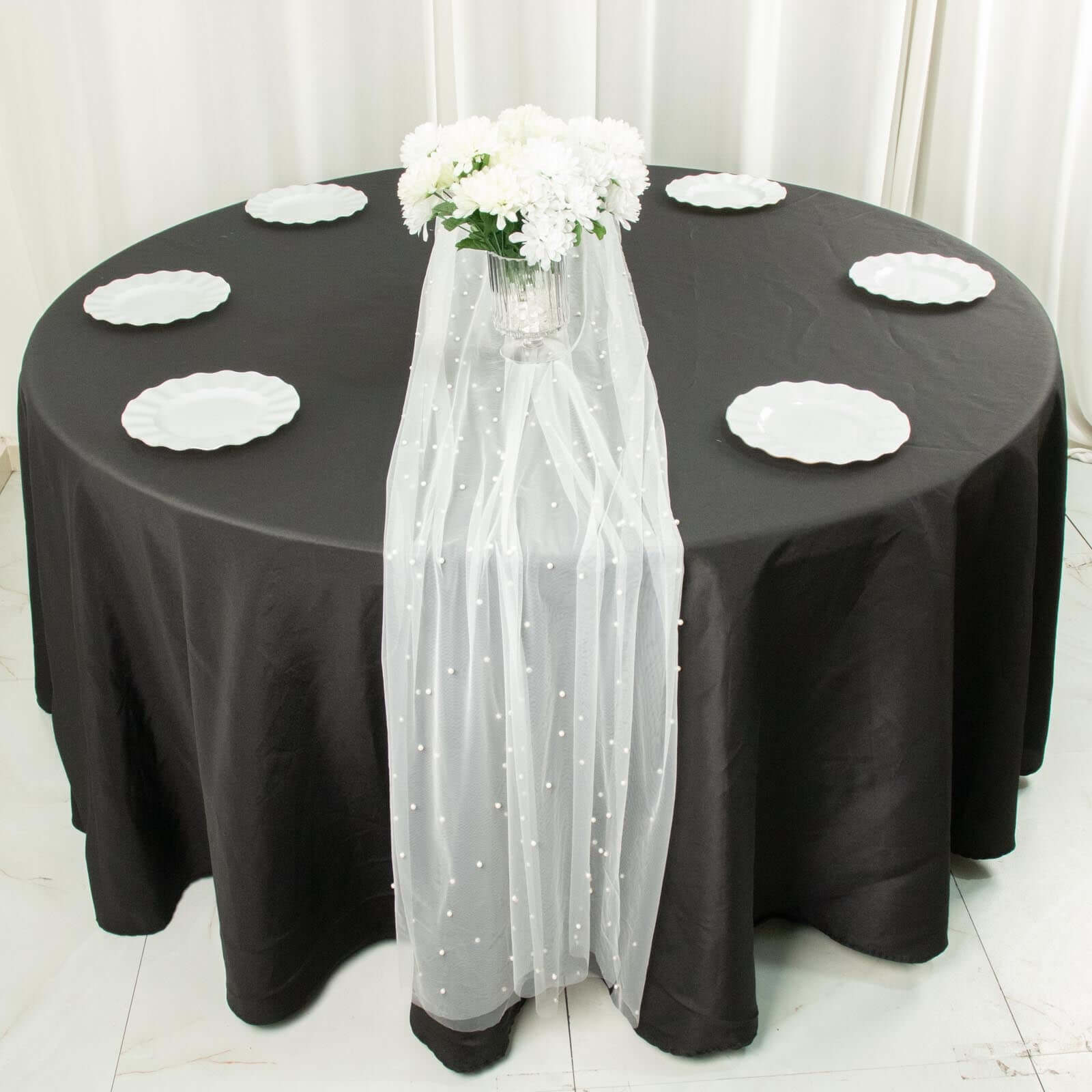 Sheer Tulle 48x120 Table Runner White Pearl Embellished - Stylish Wedding & Event Table Linen