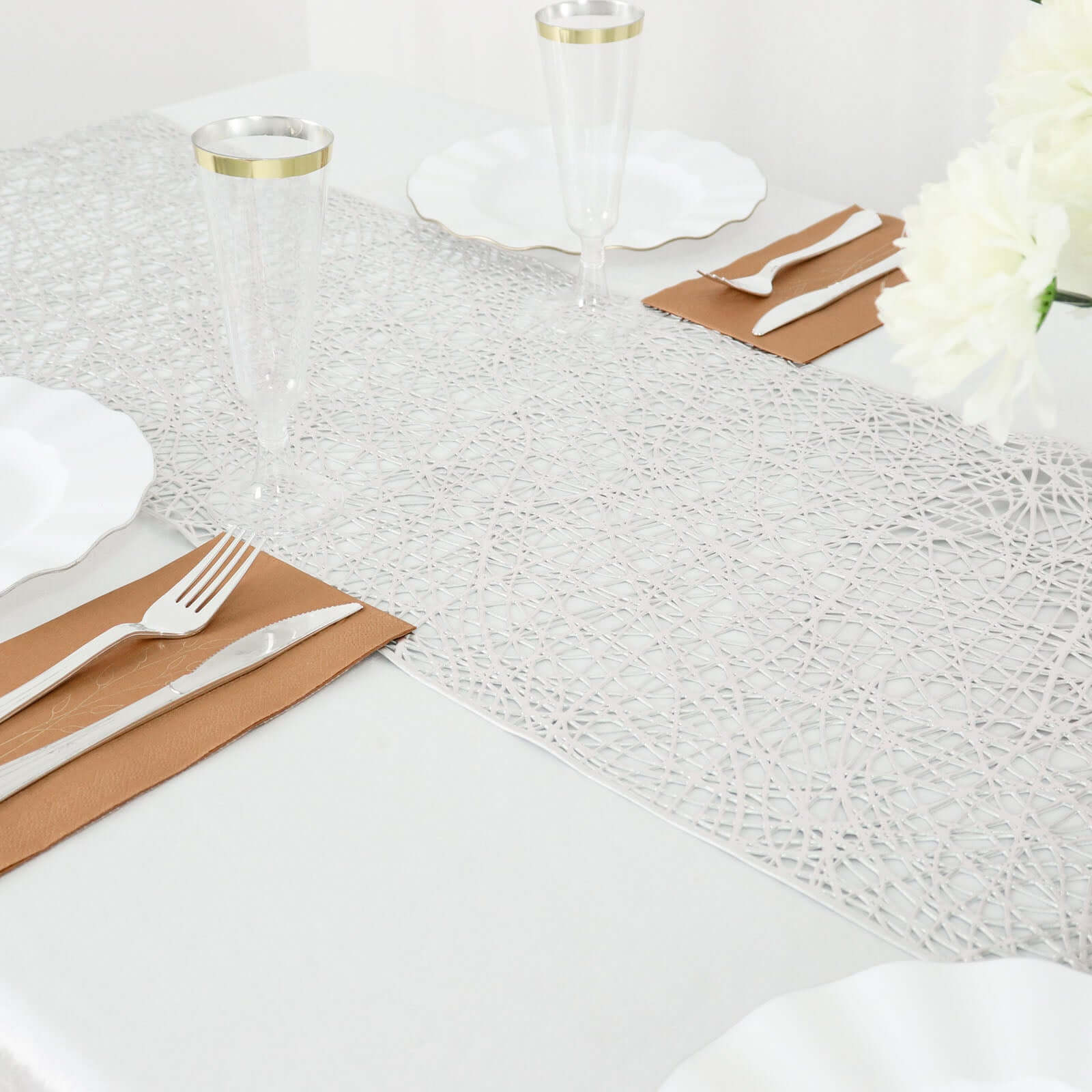 Plastic Woven Vinyl 13x6ft Table Runner Metallic Silver - Non-Slip & Reversible Tabletop Decor