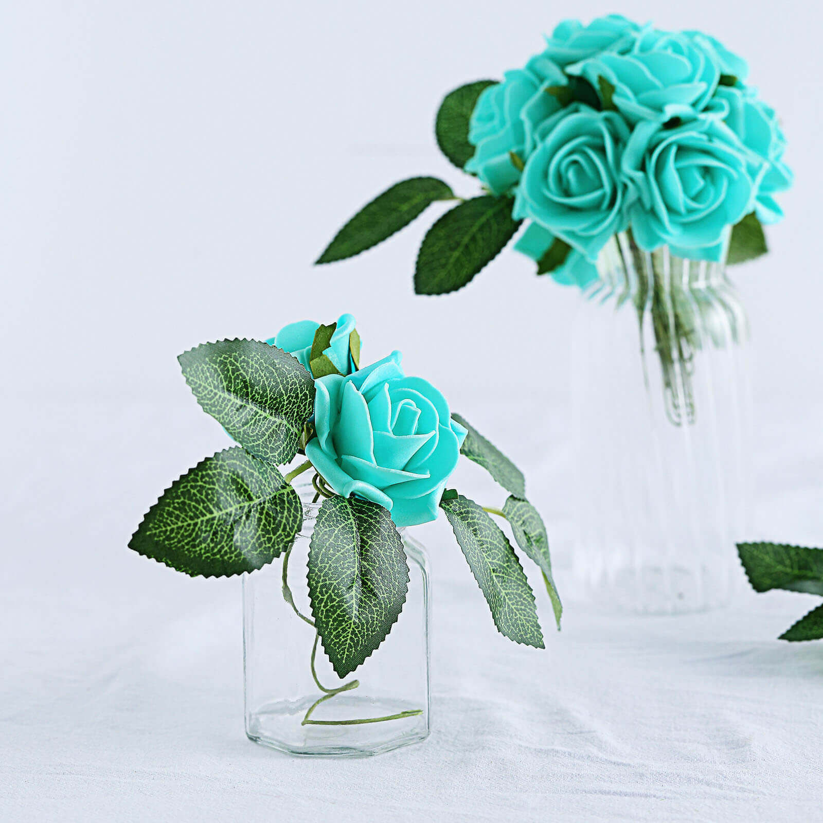 24 Roses 2 Turquoise Artificial Foam Flowers With Stem Wire and Leaves