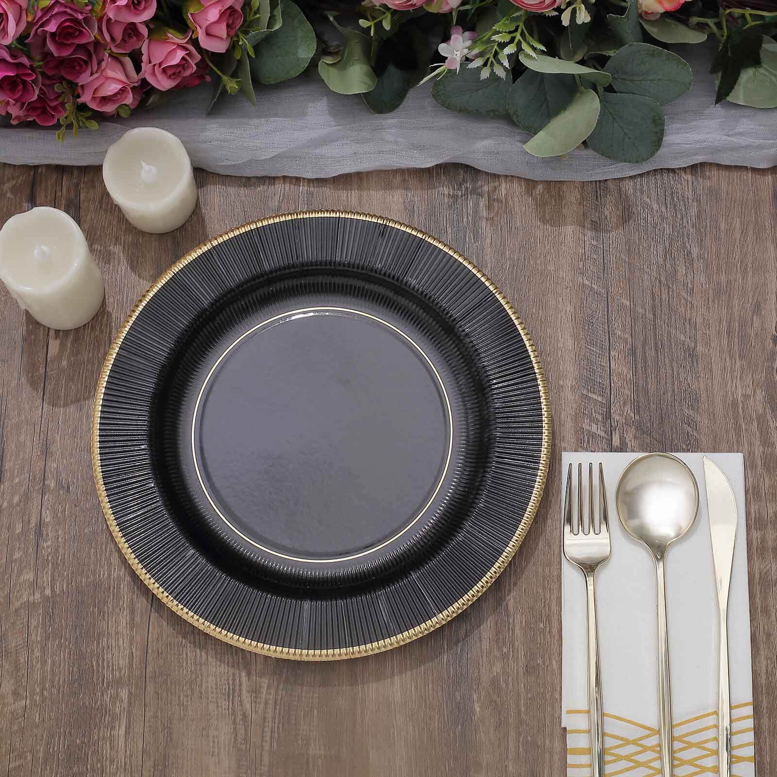 25-Pack Paper 10 Round Dinner Plates in Black Sunray Design with Gold Rim - Disposable Heavy Duty 350GSM Party Plates for Banquets & Celebrations