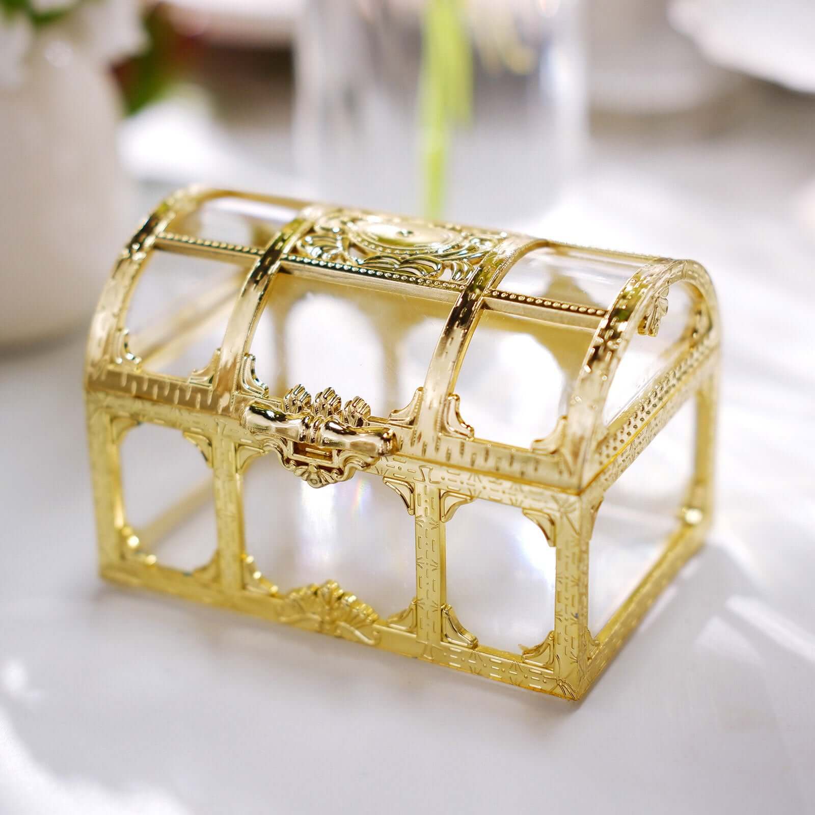 12-Pack Vintage Jewelry Box Candy Containers Clear Gold - Stylish Treasure Chest Favor Boxes 3.5