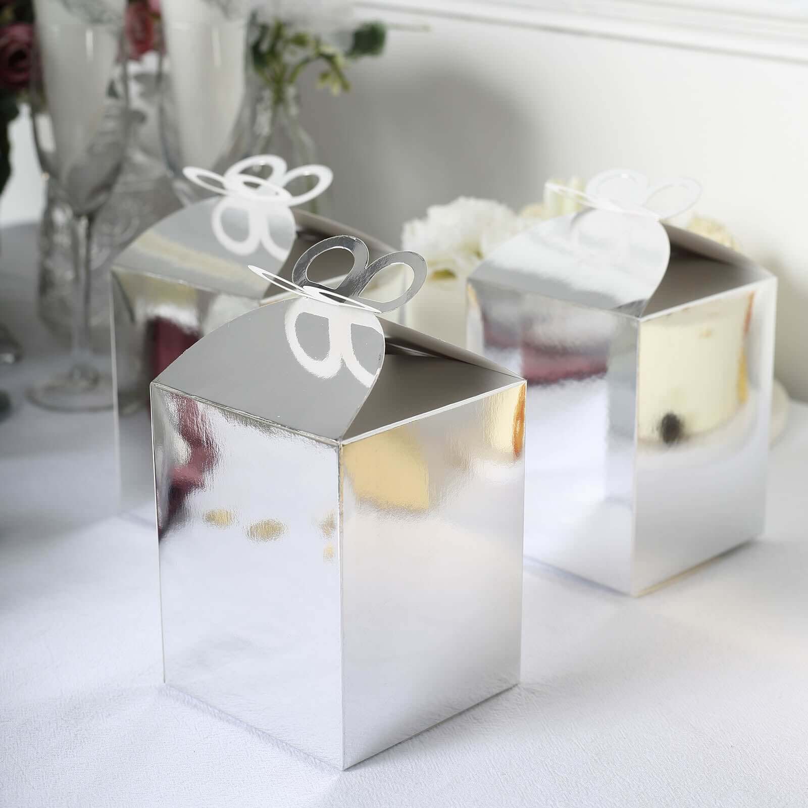 25 Pack Metallic Silver Butterfly Top Premium Party Favor Boxes, Cardstock Candy Gift Boxes - 250 GSM