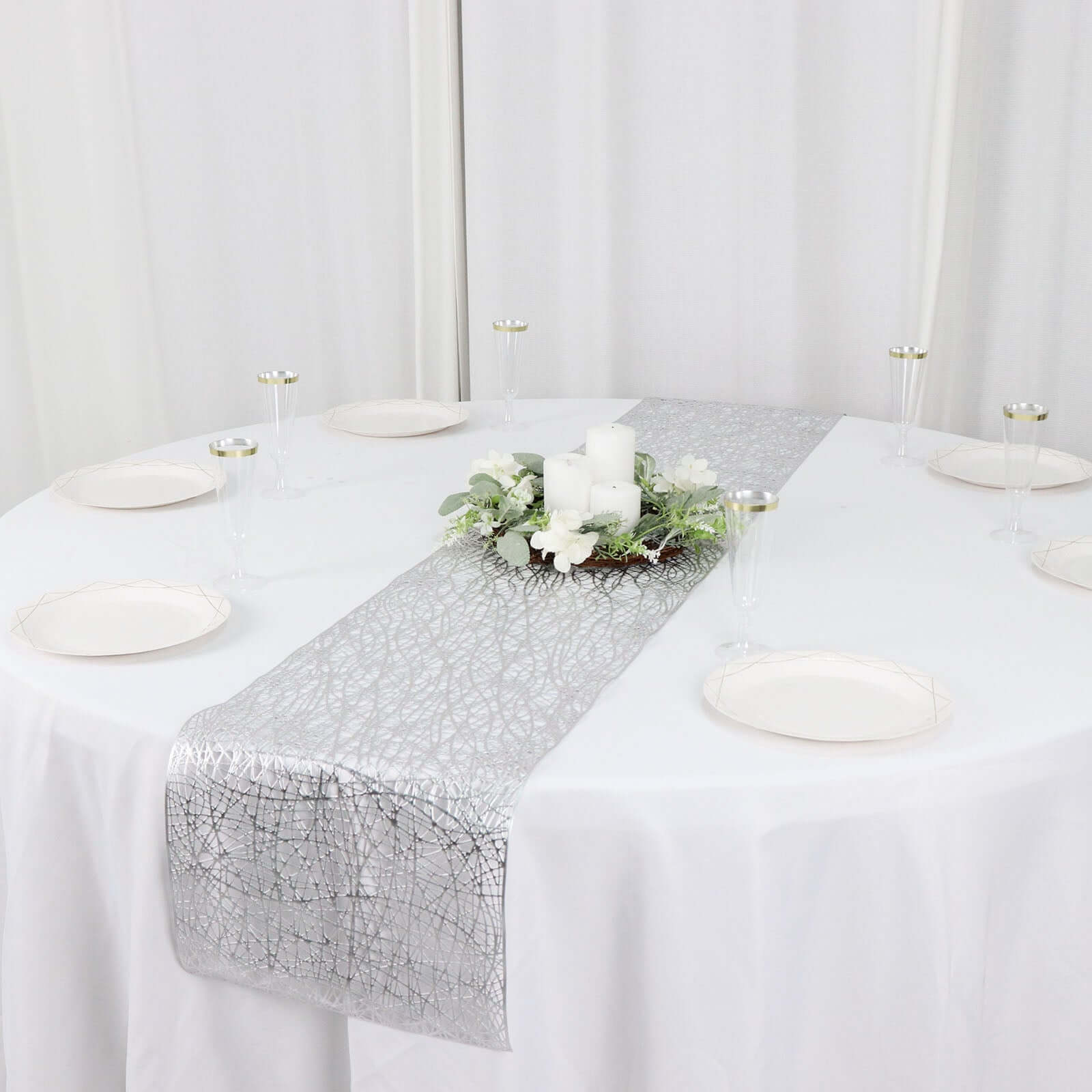 Plastic Woven Vinyl 13x6ft Table Runner Metallic Silver - Non-Slip & Reversible Tabletop Decor