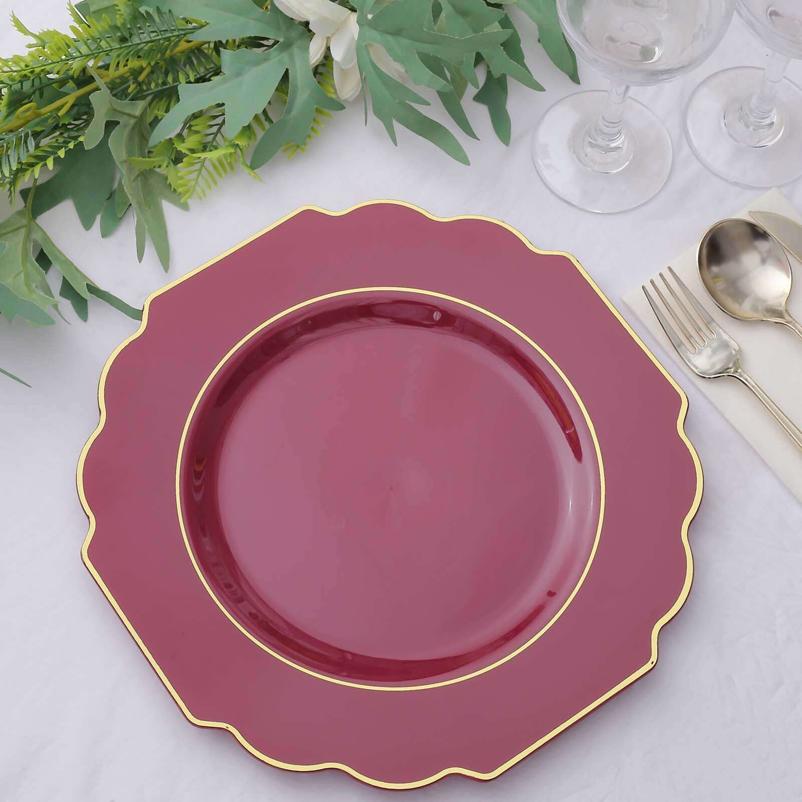 10-Pack Plastic Dinner Plates in Burgundy Baroque Design with Scalloped Gold Rim - Heavy Duty Disposable Party Plates 11