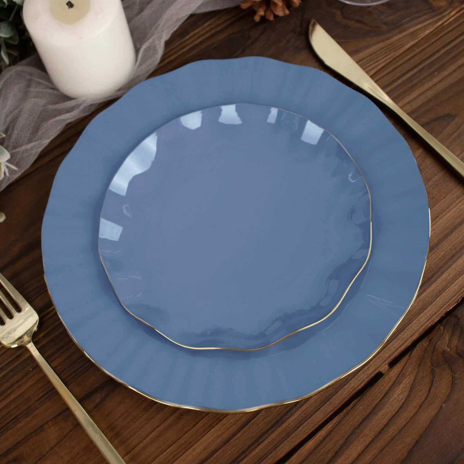 10-Pack Plastic Round 6 Dessert Plates in Ocean Blue Ruffled Rim with Gold Edging - Sturdy Disposable Salad Appetizer Dinnerware