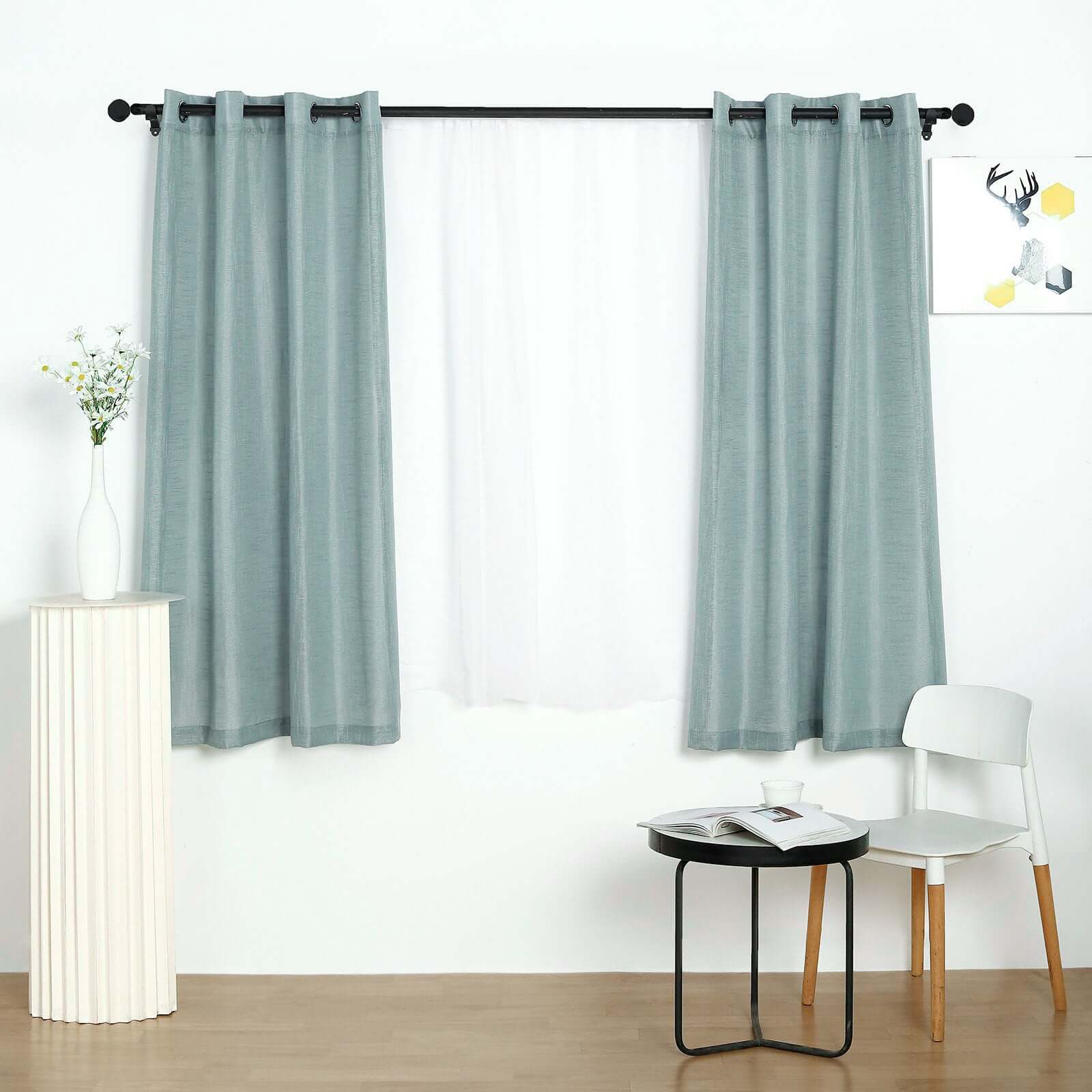 2 Pack Handmade Dusty Blue Faux Linen Curtains 52x64, Curtain Panels With Chrome Grommets