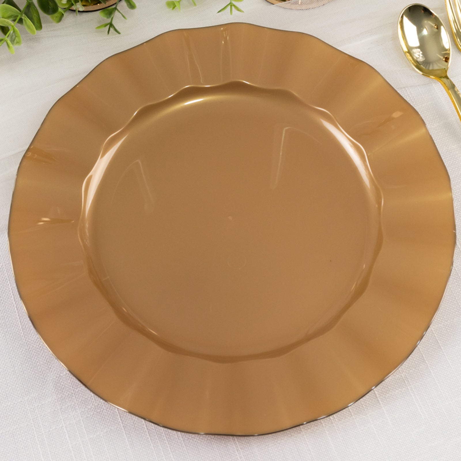 10-Pack Plastic 11 Round Dinner Plates in Gold with Ruffled Rim - Sturdy Disposable Dinnerware for Classy Events & Banquets