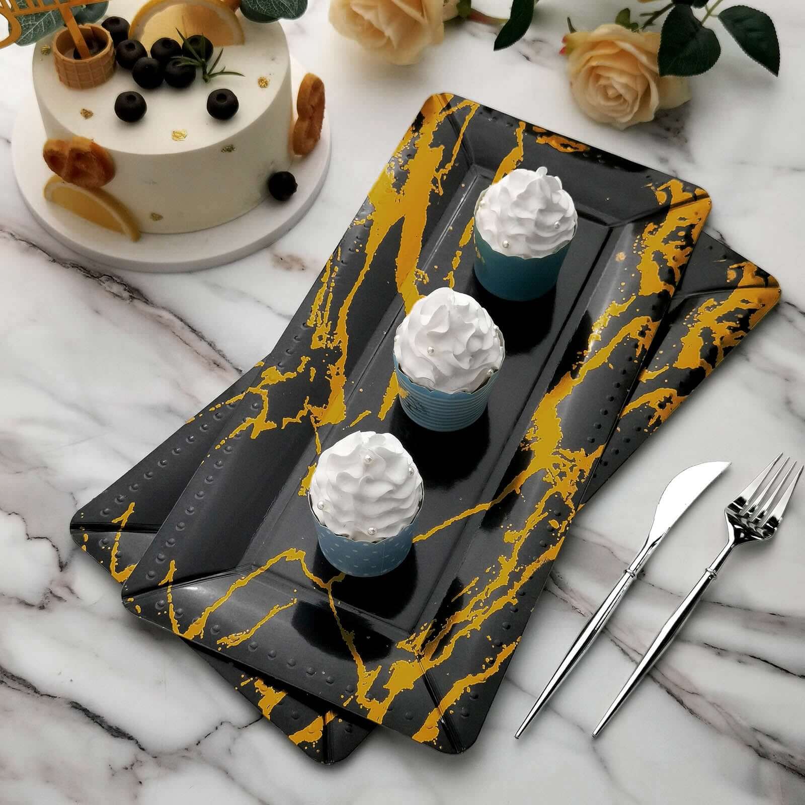 10-Pack Paper 16 Rectangle Serving Trays Black/Gold - Durable 1100GSM Disposable Food Platters with Modern Marble Design for Dessert Tables & Food Stations