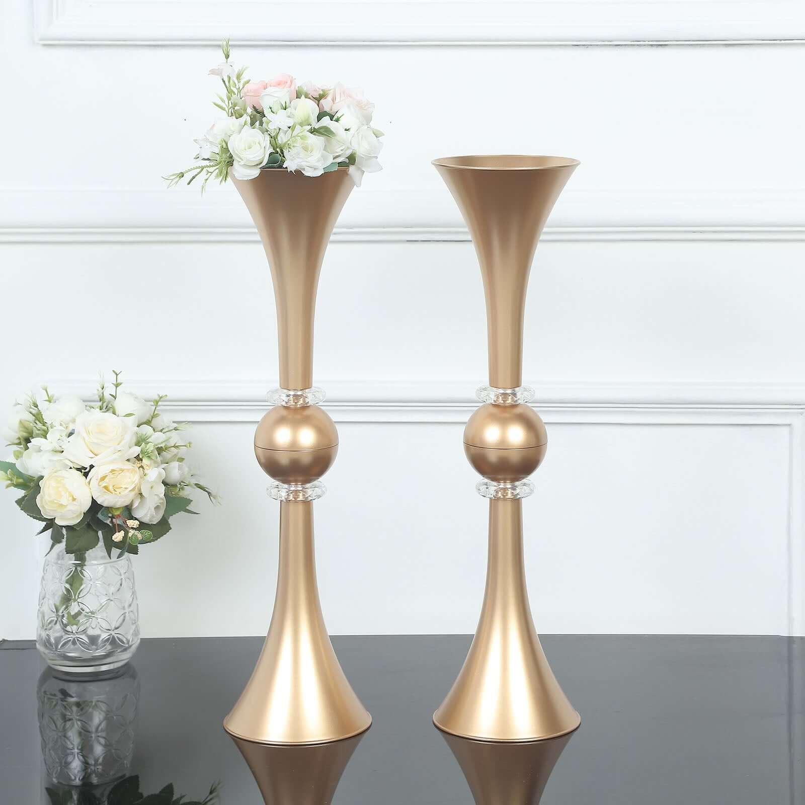 2-Pack Flower Vases Trumpet Design with Crystal Embellishments Gold - Reversible Plastic Table Centerpieces 21