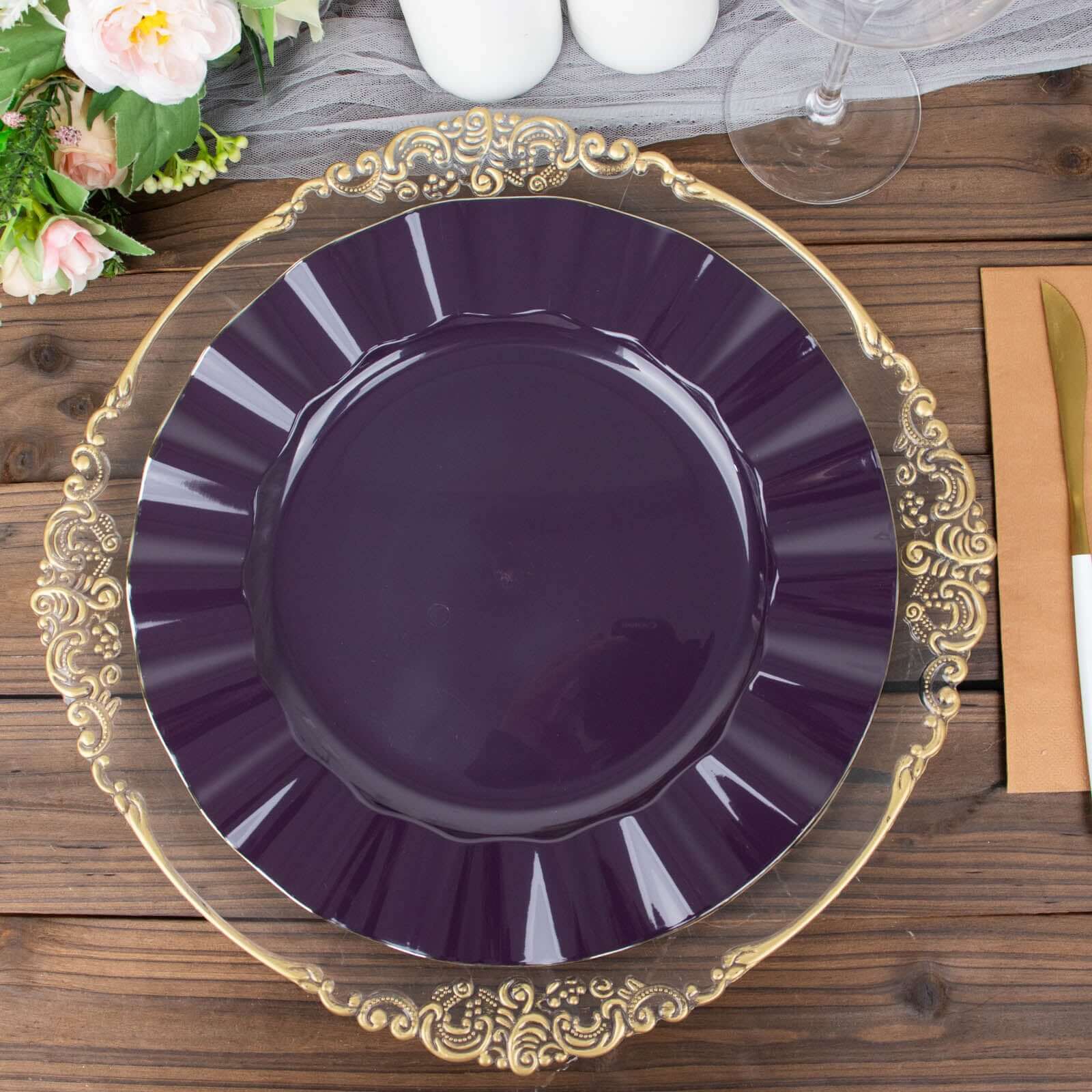 10-Pack Plastic 11 Round Dinner Plates in Purple Ruffled Rim with Gold Edging - Sturdy Disposable Dinnerware