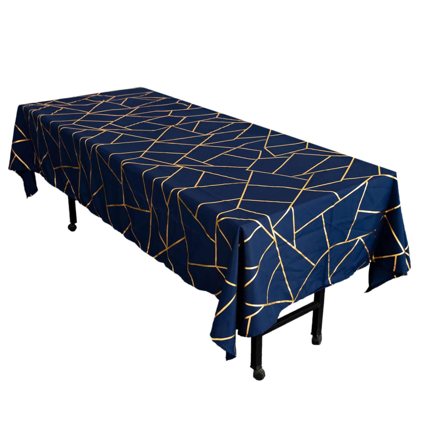 Polyester 60x102 Rectangle Tablecloth Navy Blue with Gold Foil Geometric Pattern - Wrinkle-Resistant & Durable Table Cover