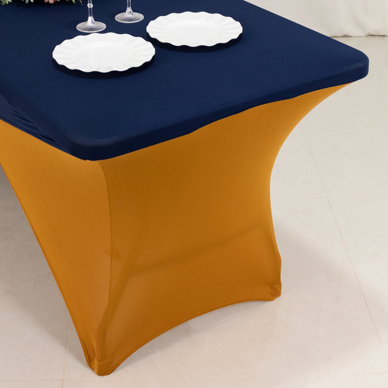 Stretch Spandex 72x30 Rectangle Table Cover Navy Blue/Gold Cross Over Design - Two-Piece Fitted Tablecloth with Elastic Foot Pockets