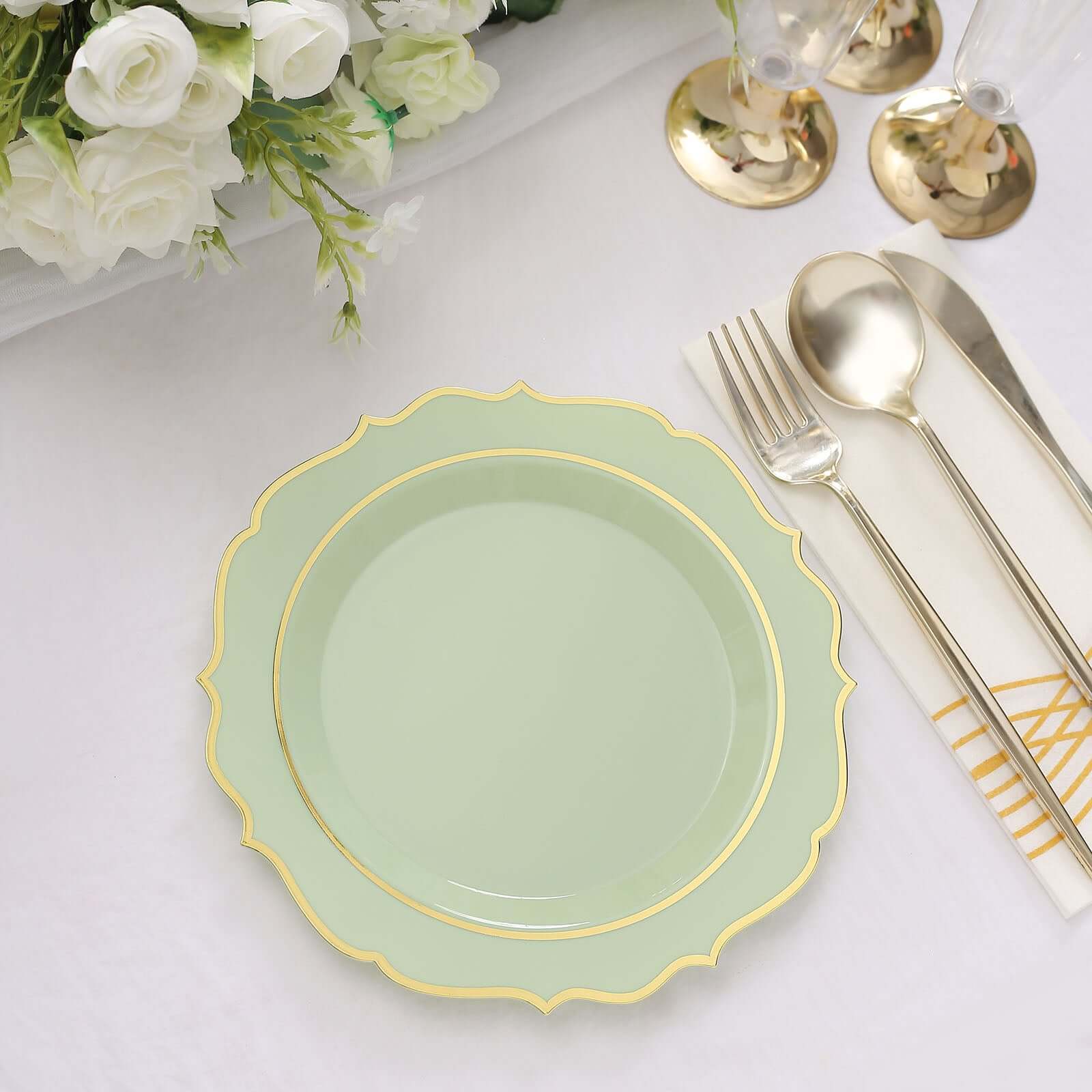 10-Pack Plastic 8 Round Desert Plates in Sage Green with Gold Scalloped Rim - Disposable Appetizer/Salad Plates