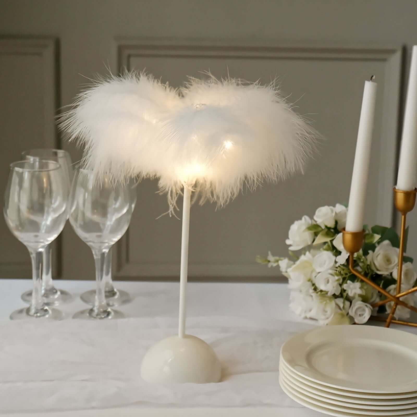 Table Lamp Feather Design White LED Battery Operated - Cordless Wedding Centerpiece 15