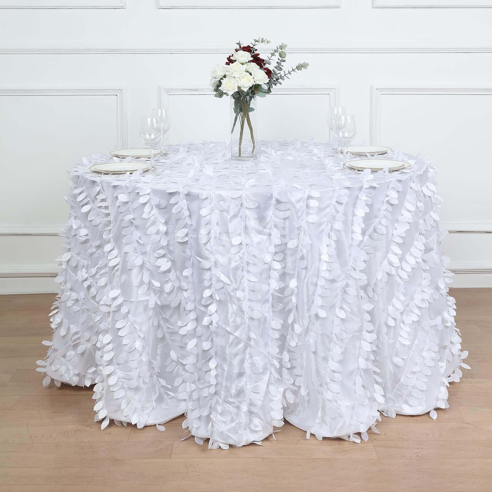 Taffeta 132 Round Tablecloth White 3D Leaf Petal Design Seamless Table Cover for Chic Wedding & Event Decor