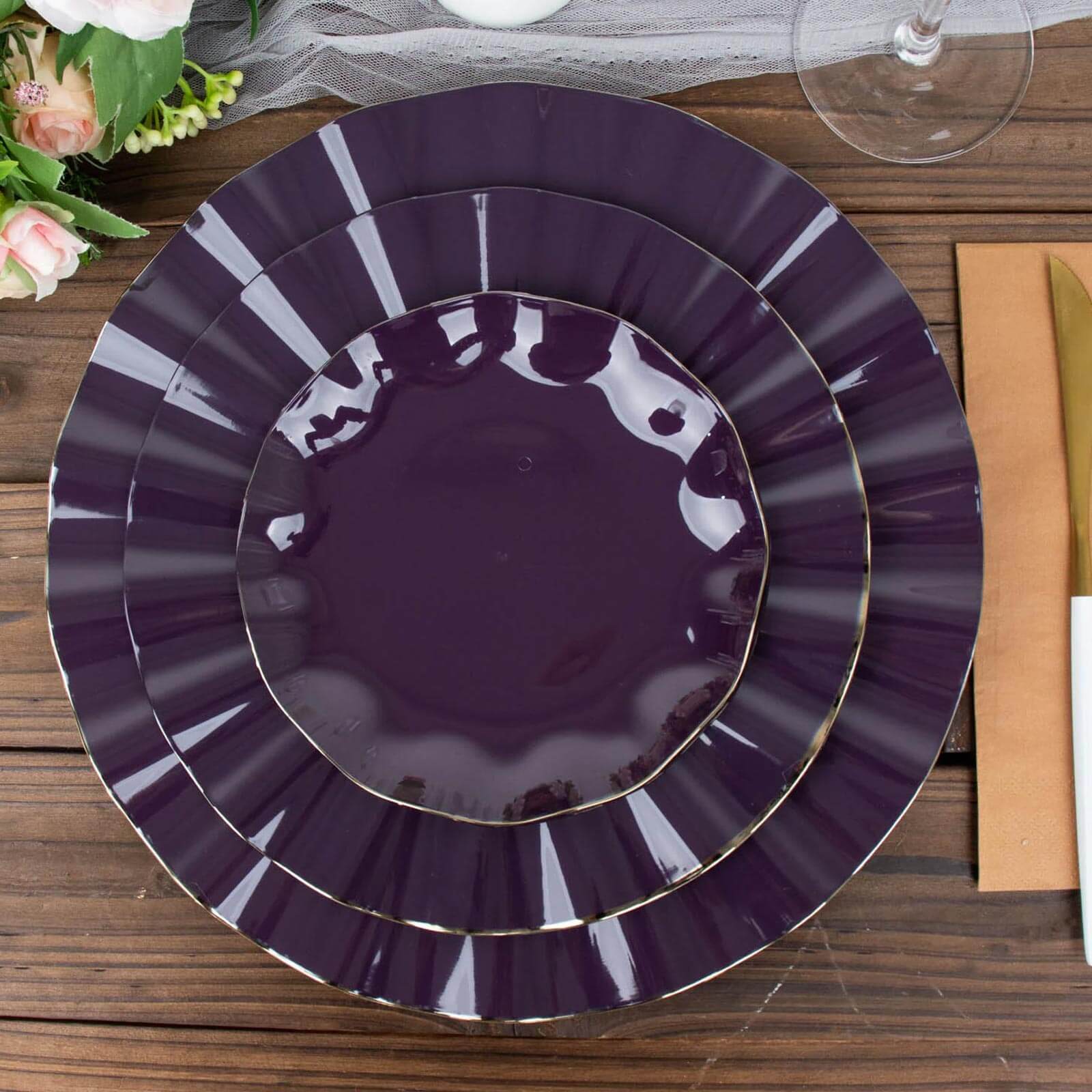 10-Pack Plastic Round 6 Dessert Plates in Purple Ruffled Rim with Gold Edging - Sturdy Disposable Salad Appetizer Dinnerware