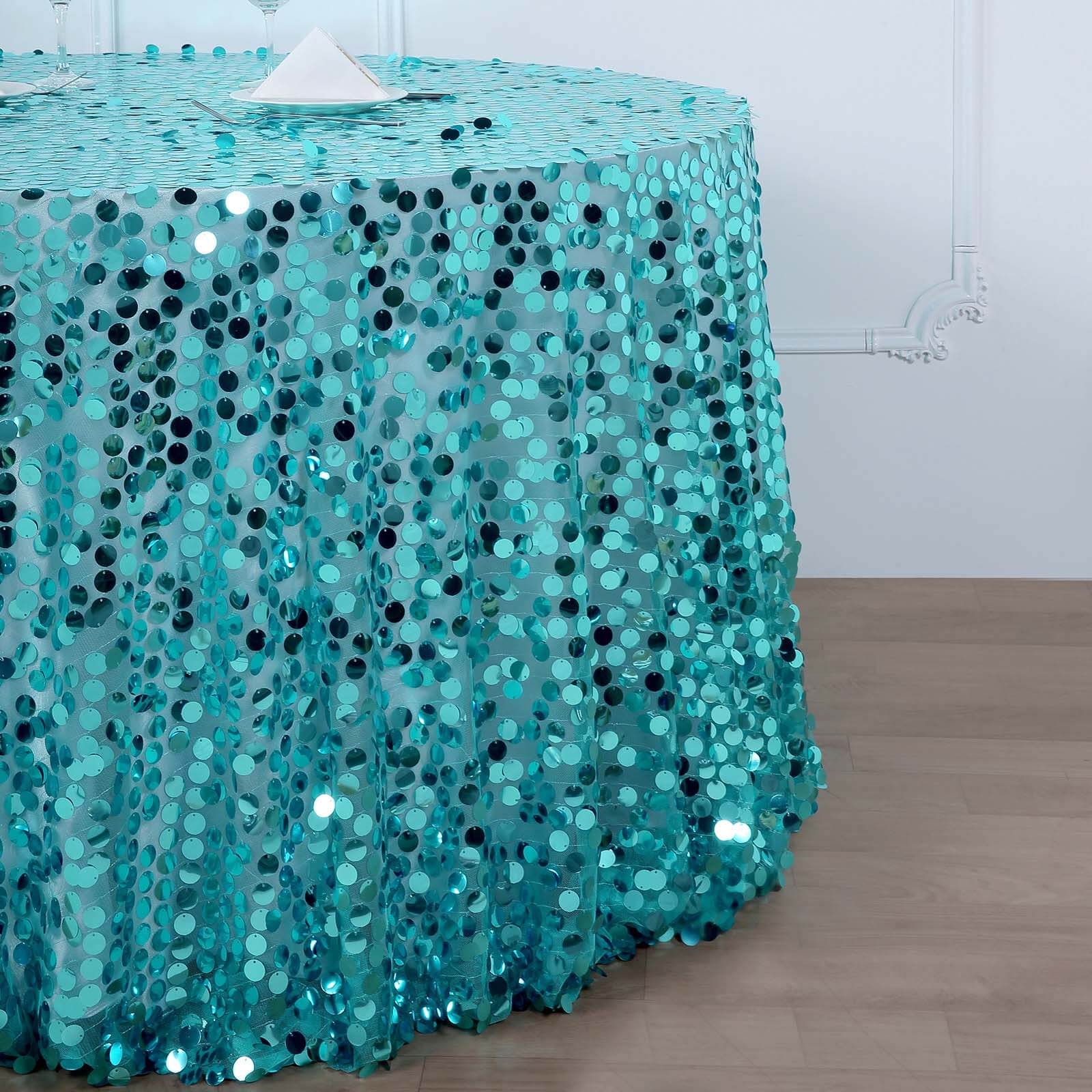 Sequin 120 Round Tablecloth Turquoise - Seamless Big Payette Table Cover